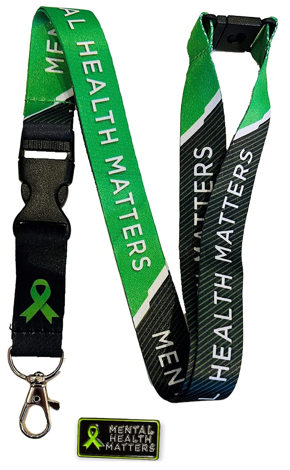 PAC Supplies Global Green Ribbon - Mental Health Matters Awareness Neck Lanyard With Safety Breakaway & Detachable Buckle Clip & Matching Black & Green Pin Badge