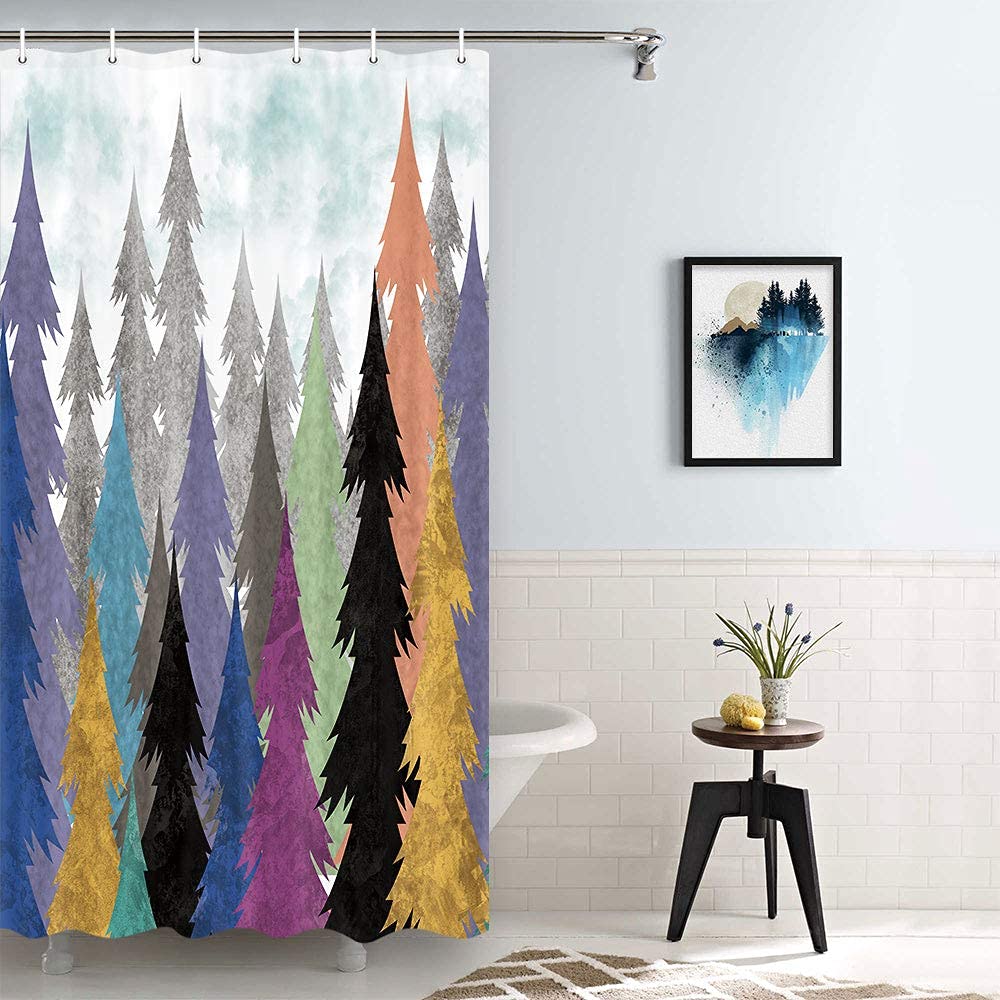 MERCHR Rustic Tree Shower Curtain, Colorful Mountain Forest Print Fabric Bathroom Shower Stall Curtain, Hotel Quality, Machine Washable Fabric 36 X 72 Inches Small Stall Size