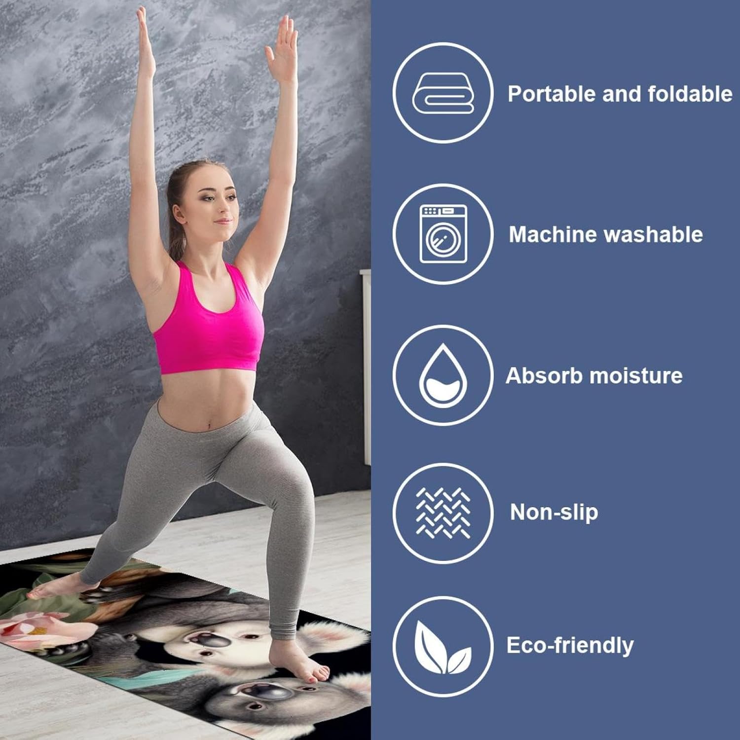 Yoga Towel, Koala Flowers Pattern Non Slip Sweat Absorbent Hot Yoga Mat Towel for Hot Yoga, Pilates and Fitness - 72.8" x 26.8"