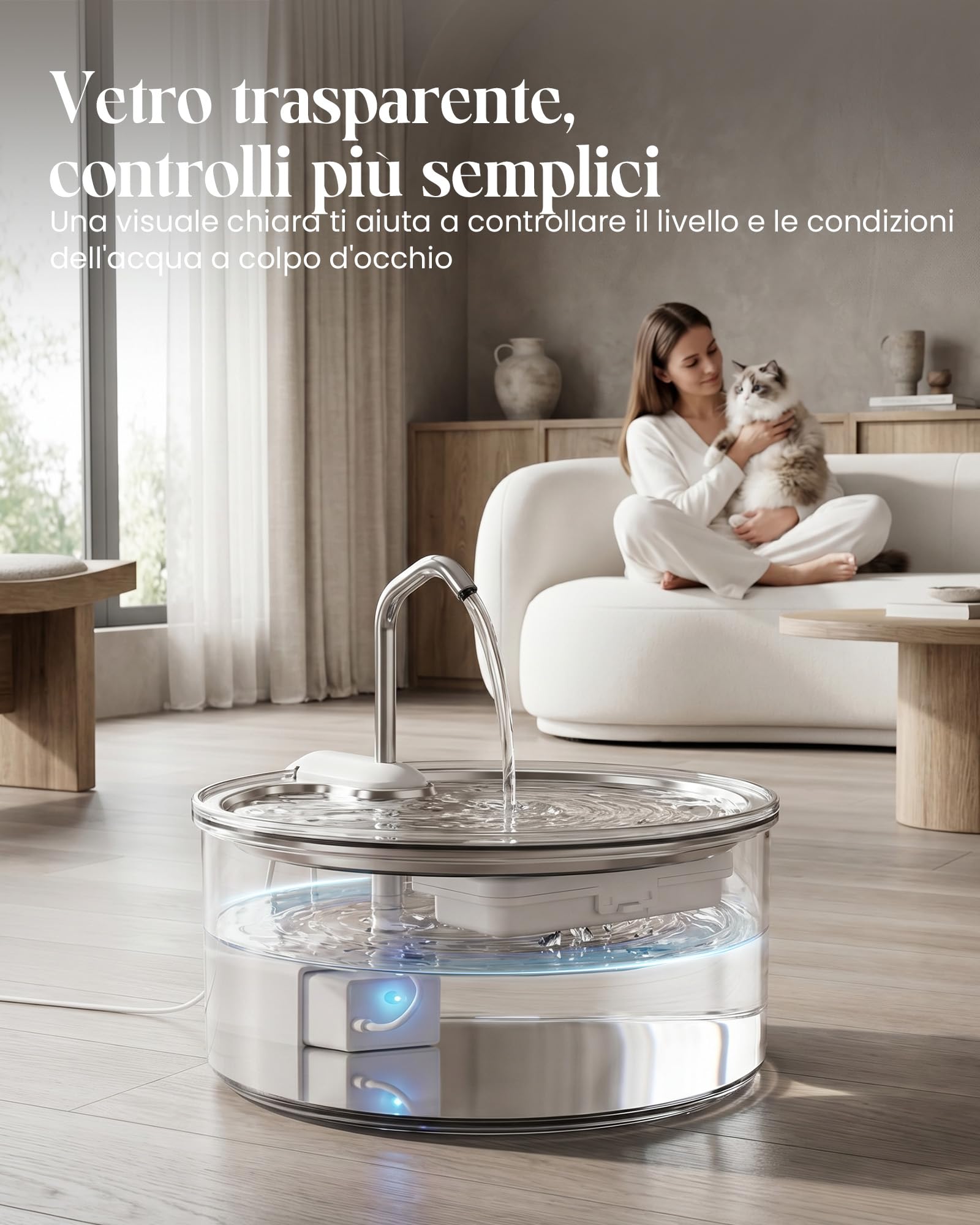 Tomxcute Fontana per Gatti e Cani Piccoli in Vetro 3,2 L, Silenziosa | Controllo facile del livello dell'acqua, design con rubinetto e facile manutenzione