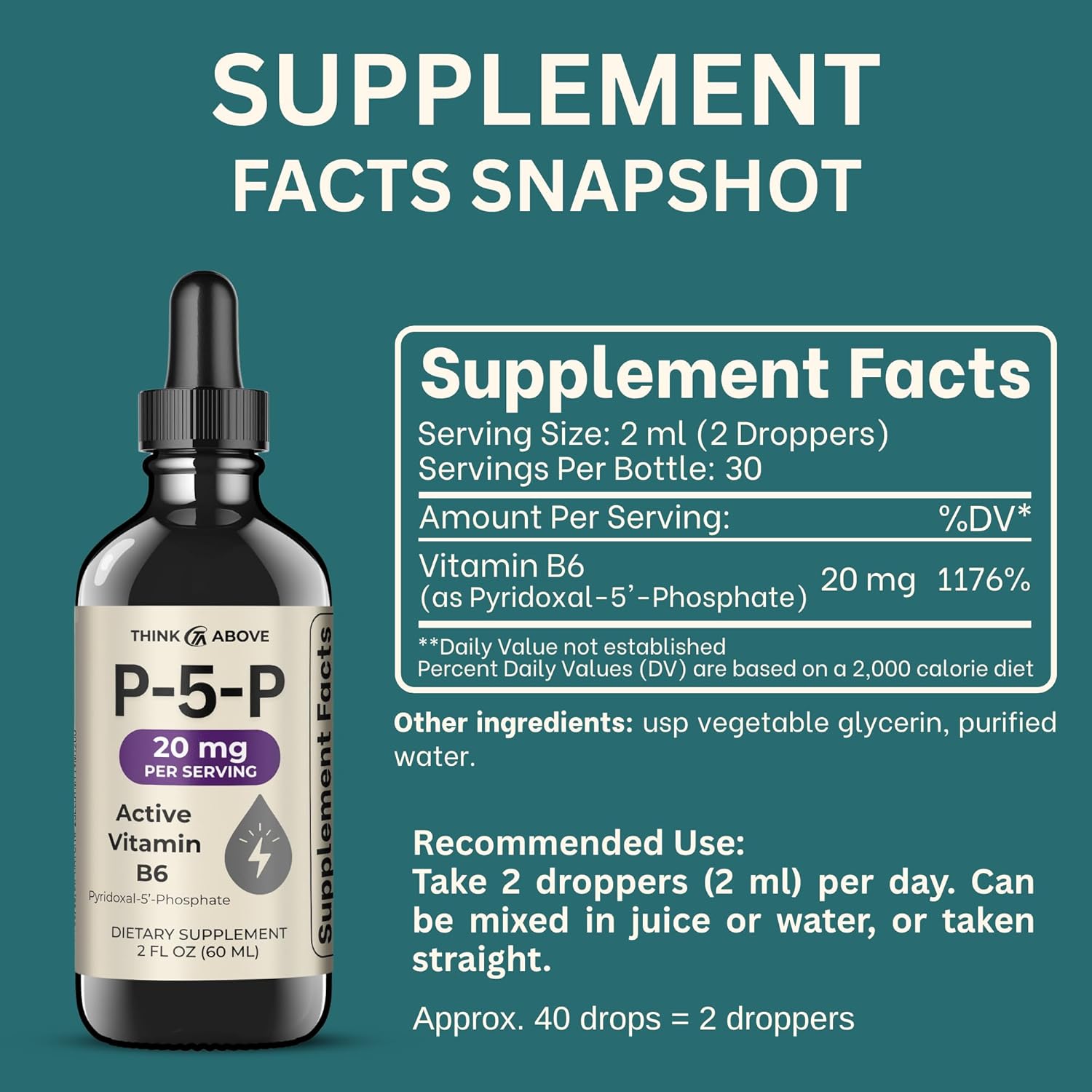 P5P Liquid Drops – Activated Vitamin B6 (Pyridoxal-5-Phosphate) – Fast Absorption Formula – Nervous System & Energy Support – 2 oz (60 mL) – Think Above - Image 5