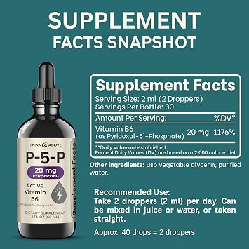 Think Above P5P Liquid Drops Activated Vitamin B6 (Pyridoxal-5-Phosphate) Fast Absorption Formula Nervous System & Energy Support 2 oz (60 mL)