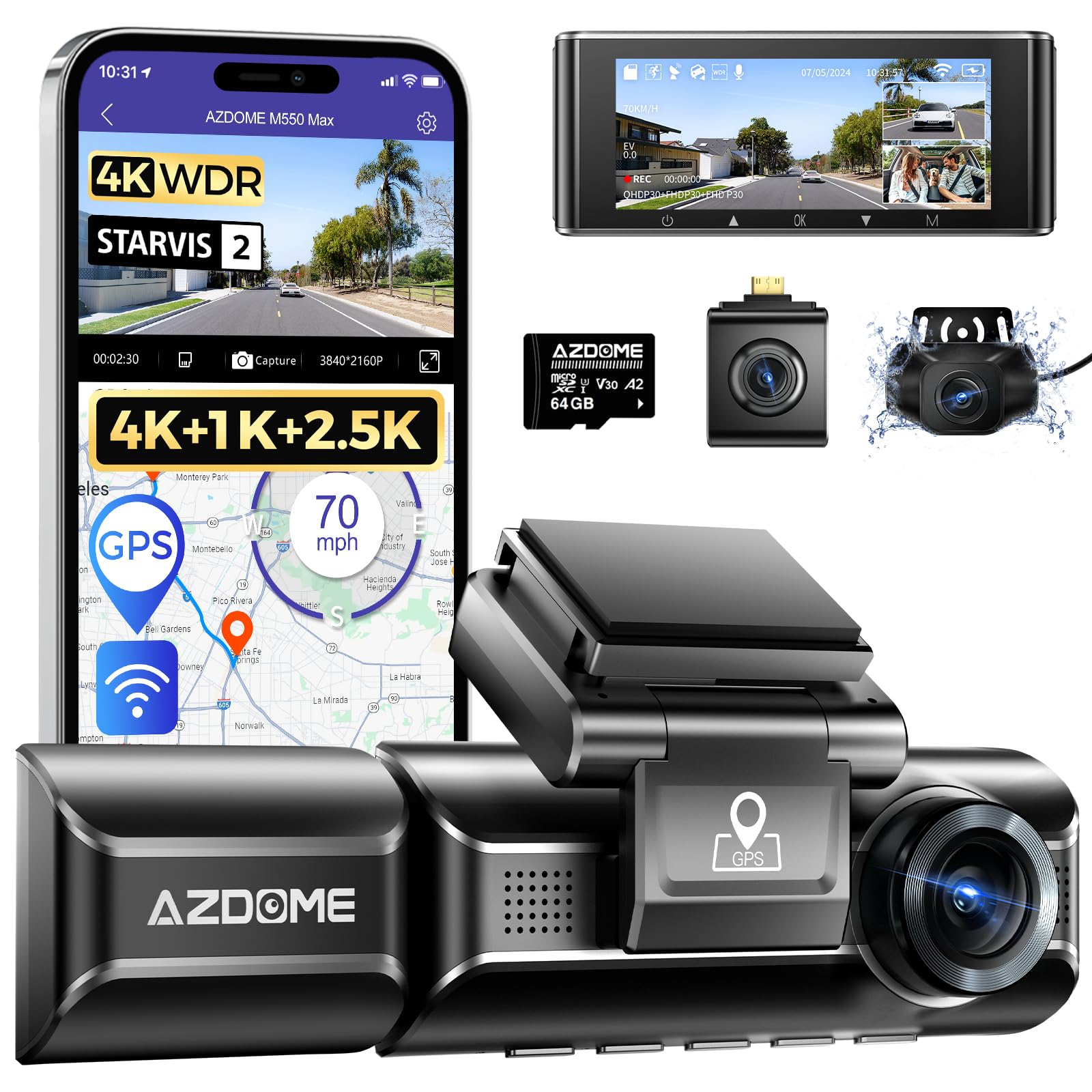 AZDOME داش كام 4K M550 MAX، تسجل بدقة 4K+1080P+2.5K dash cam أمامية وخلفية وداخلية، مزودة بـ Dual STARVIS، بطاقة 64GB، WiFi، GPS، رؤية ليلية فائقة، مراقبة وقوف السيارات، تسجيل مستمر، WDR، ومستشعر G.