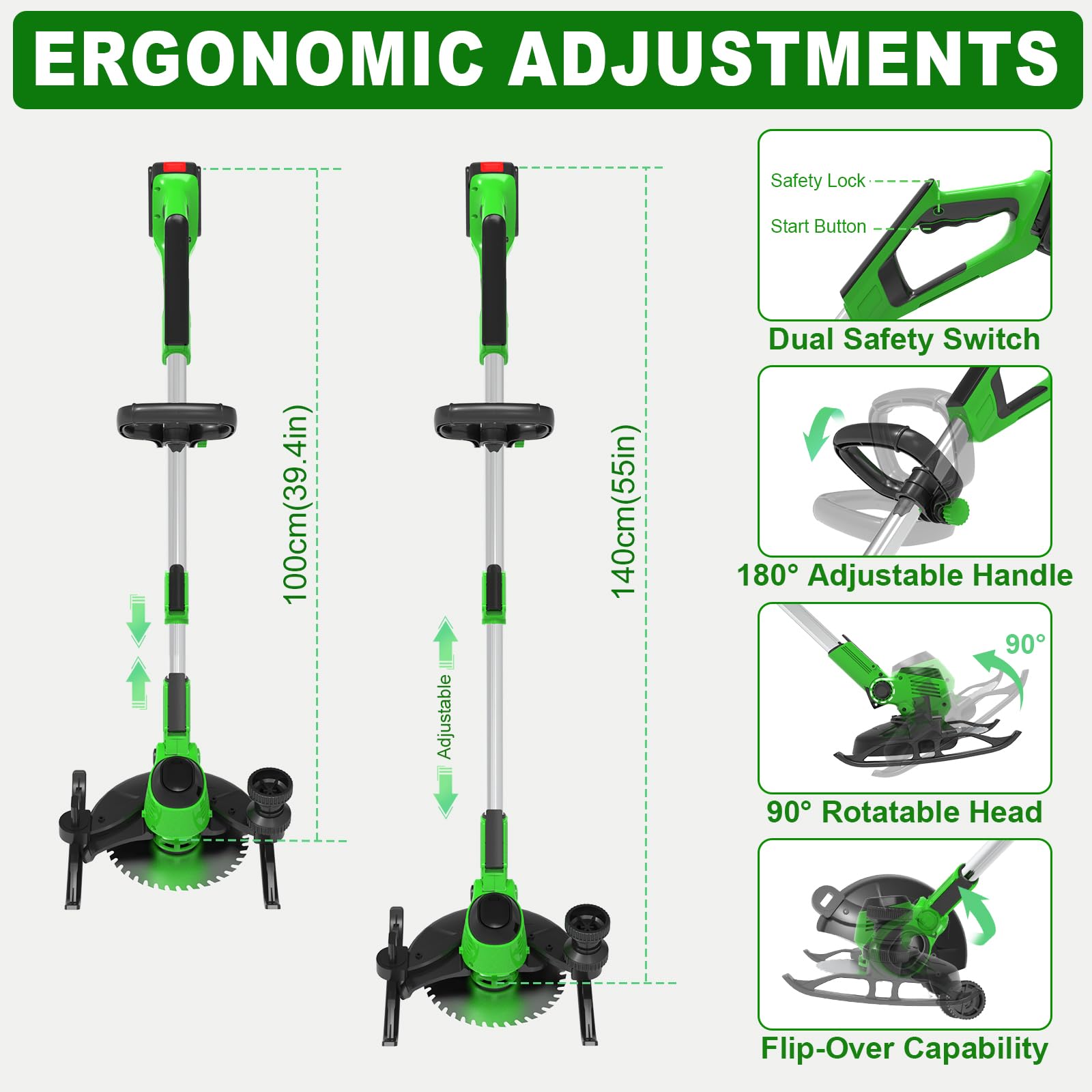 Desbrozadora Electrica, 21V Desbrozadora Batería, Cortabordes Bateria con 2 Baterías, Multifunción Cortacesped Eléctrico, Telescópico, Cabezal Pivotante 90° para Césped Jardín Poda, Verde