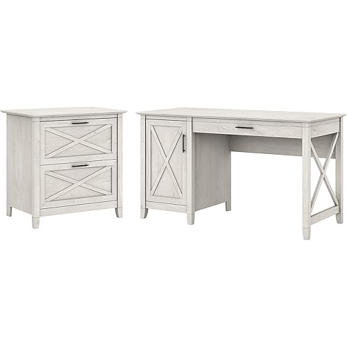 Bush Furniture Key West 54W Computer Desk with Storage and 2 Drawer Lateral File Cabinet in Linen White Oak
