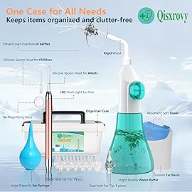 Ear Wax Removal Tool, Ear Cleaning Kits Safe Ear Irrigation Kit Ear Flush Kit for Adults Kids, Ear Wax Washer Device with LED Earwax Spoon, Basin, Bulb, Curette Kit, Towel, Tips, Storage Box Green