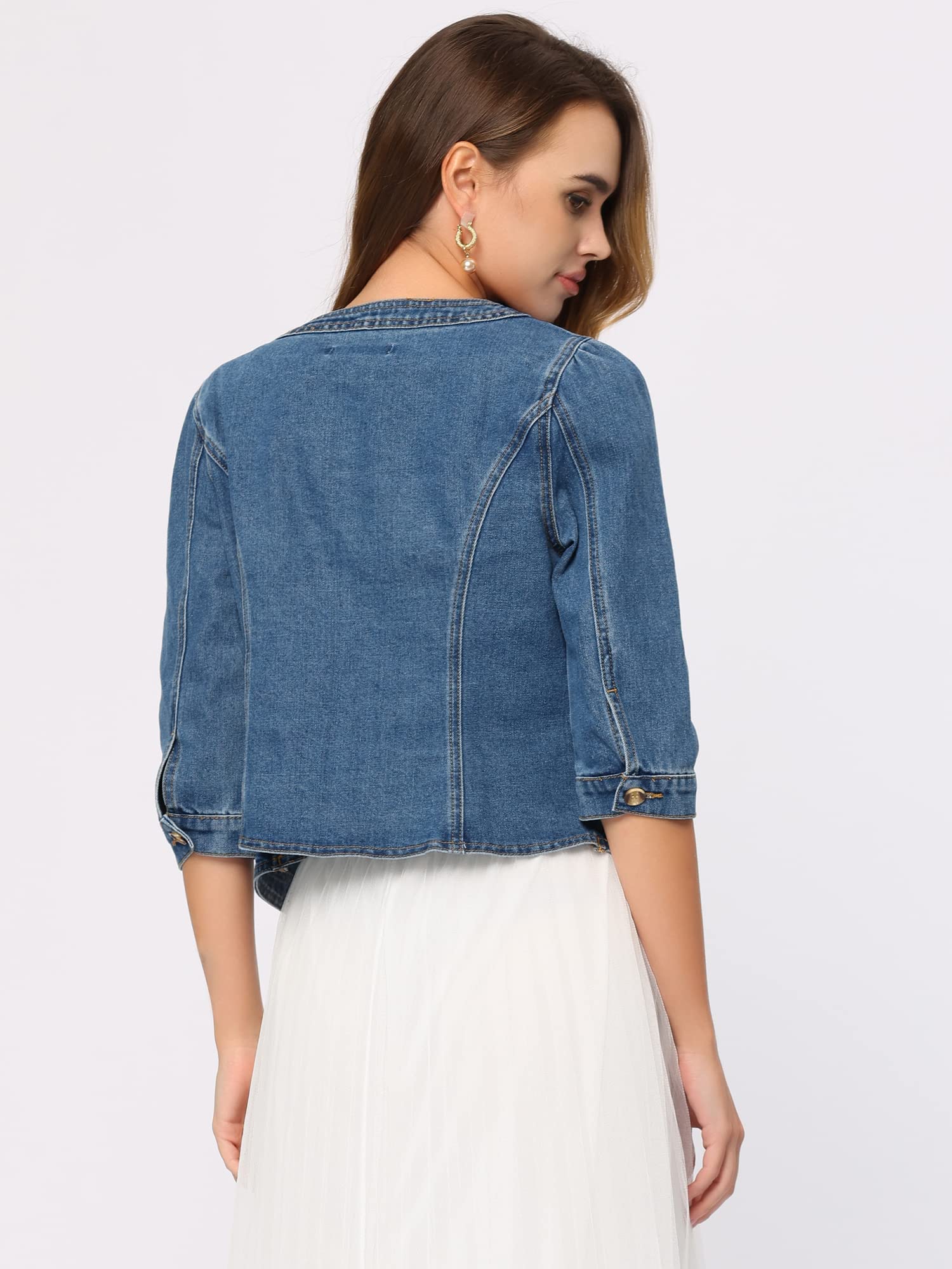 Allegra K Veste en Jean pour Femme Sans Col à Manches 3/4 Devant Ouvert Blouson en Demin Délavé