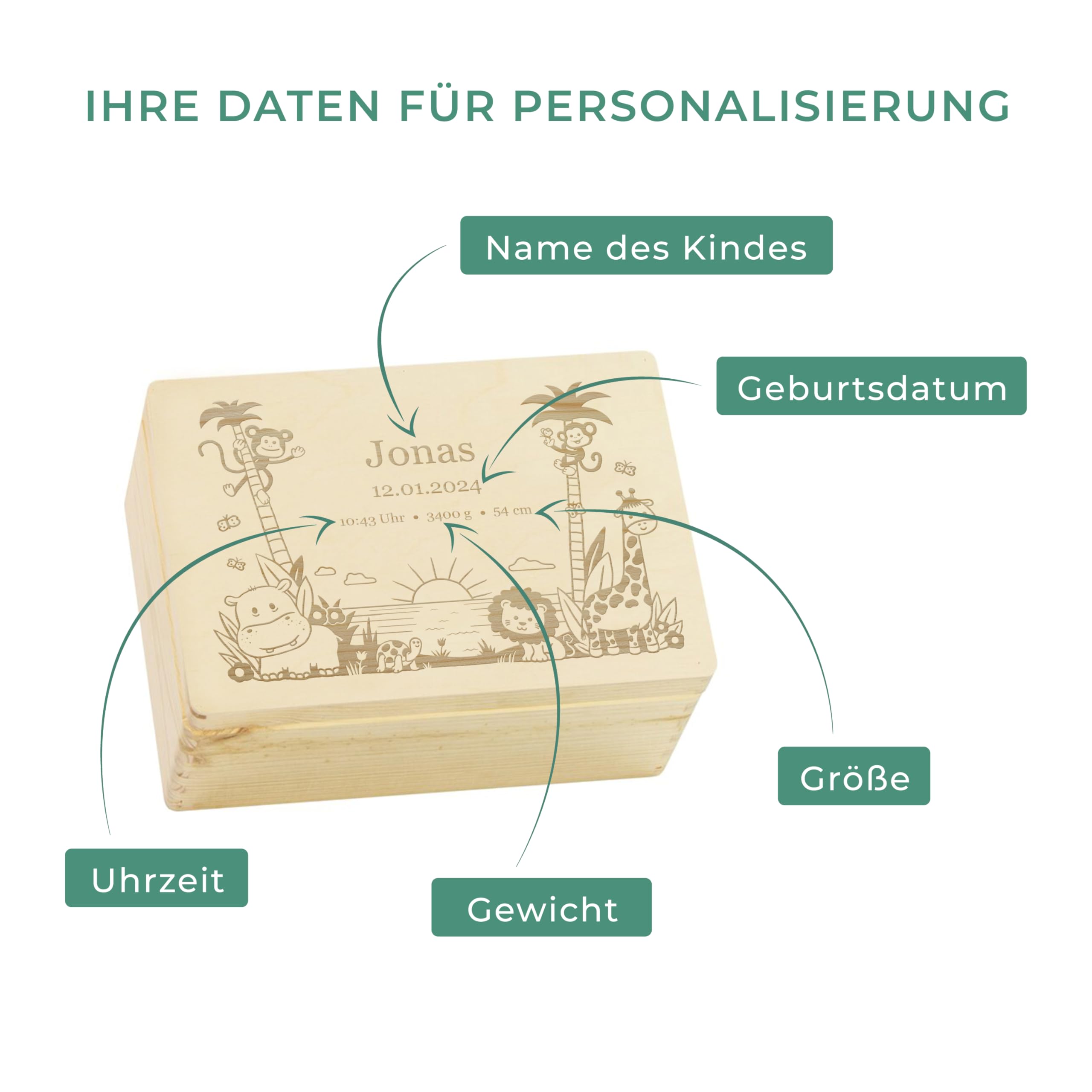 LAUBLUST Erinnerungsbox Baby Personalisiert - Geschenk zur Geburt mit Name | Dschungel - Kinder Erinnerungskiste Holz für Mädchen & Jungen | Holzkiste Natur & Weiß - FSC® (Größen S, M, L, XL)