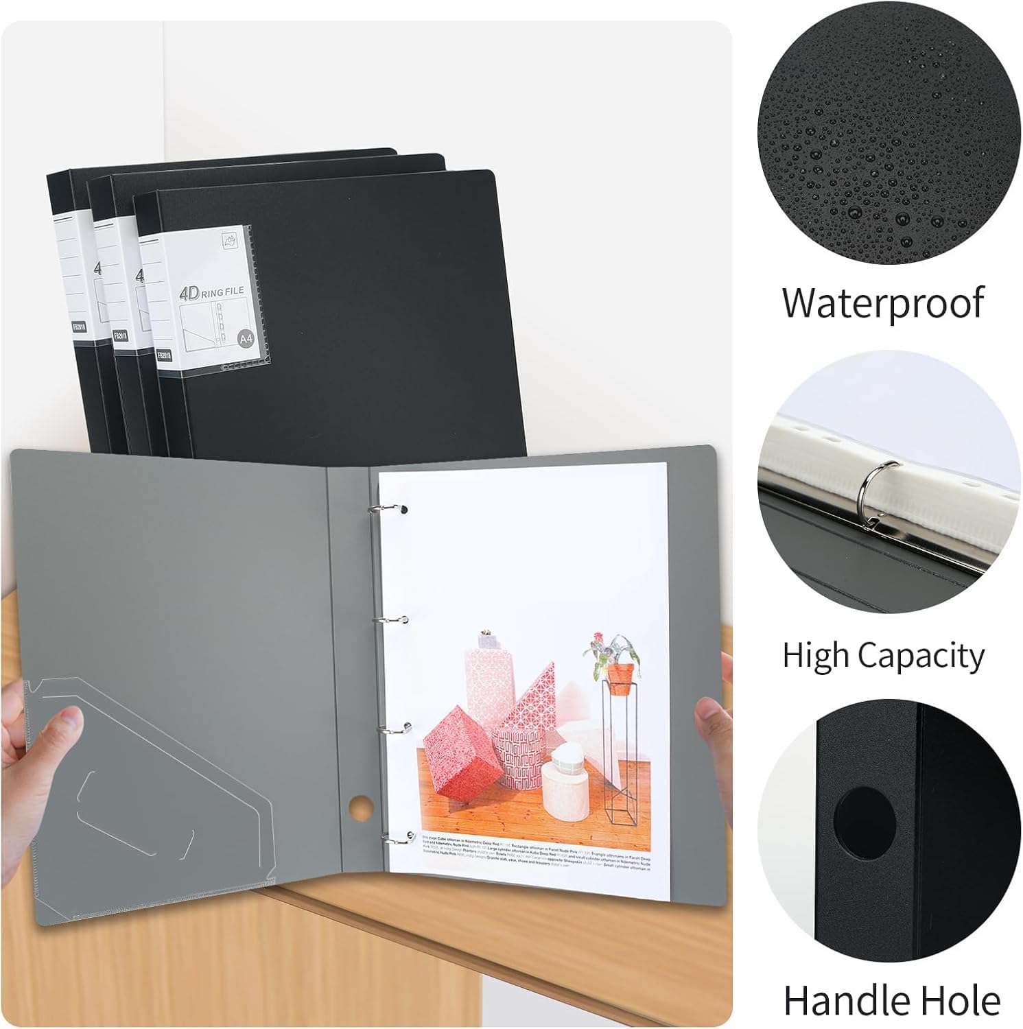 4 Ring Binders 0.8 Inch D Ring,4 Pack D Ring Binder A4,4 Ring（Black）