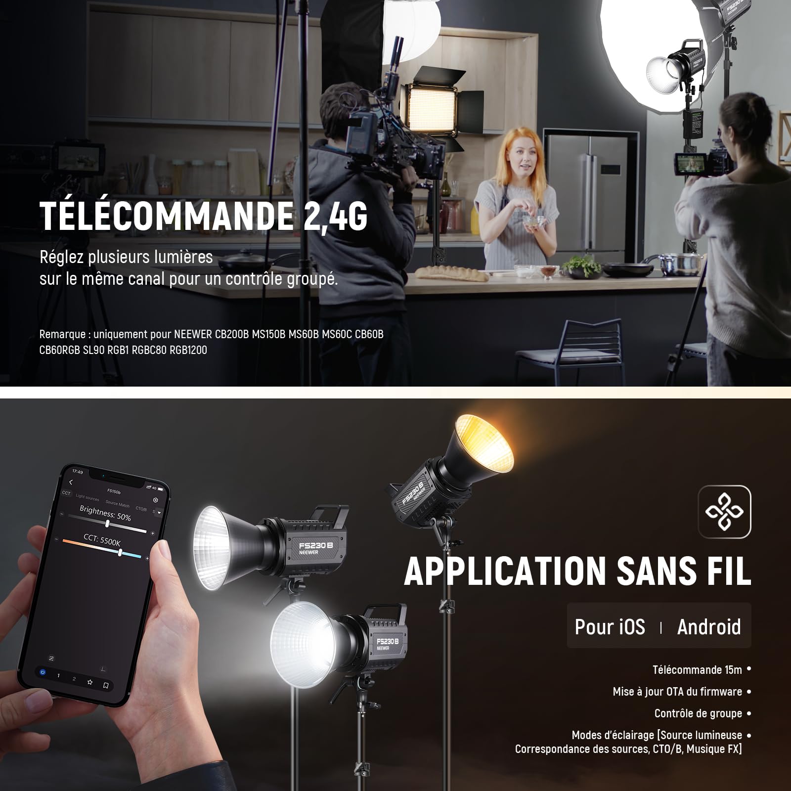 NEEWER FS230B 230W COB Video Light avec 2,4G/Application Contrôle à Distance, Bicolore Éclairage Continue LED, Monture Bowens Lumière Photo Studio