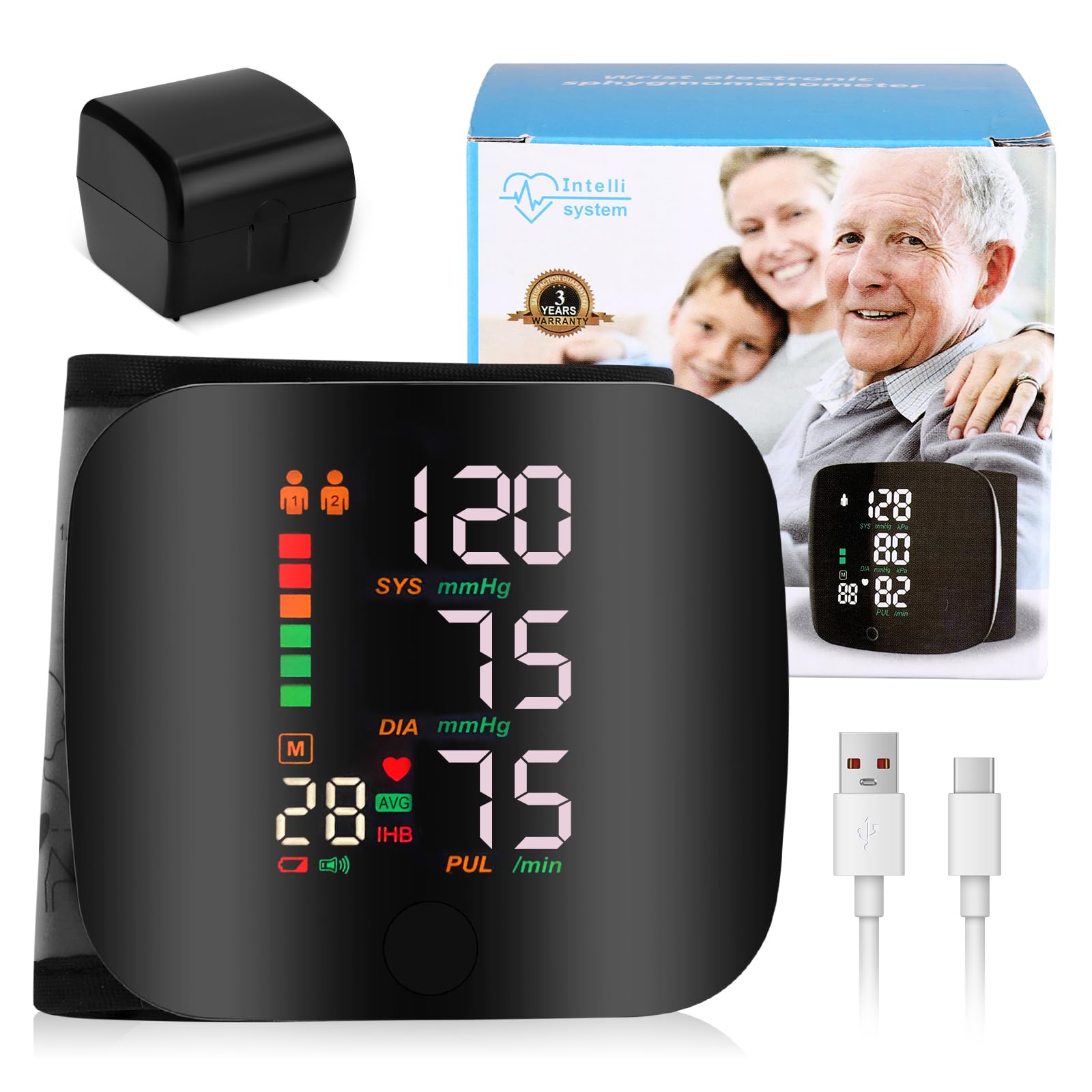 Monitor de presión arterial, monitor automático de presión arterial de muñeca con pantalla LCD digital, brazalete ajustable, monitor de muñeca recargable con memoria de lectura 99 x 2