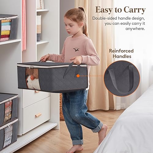 Miniatura 12 de Lifewit Paquete de 6 contenedores de almacenamiento de ropa con tapas, bolsas de almacenamiento plegables para mantas con cremalleras, ventana Gris