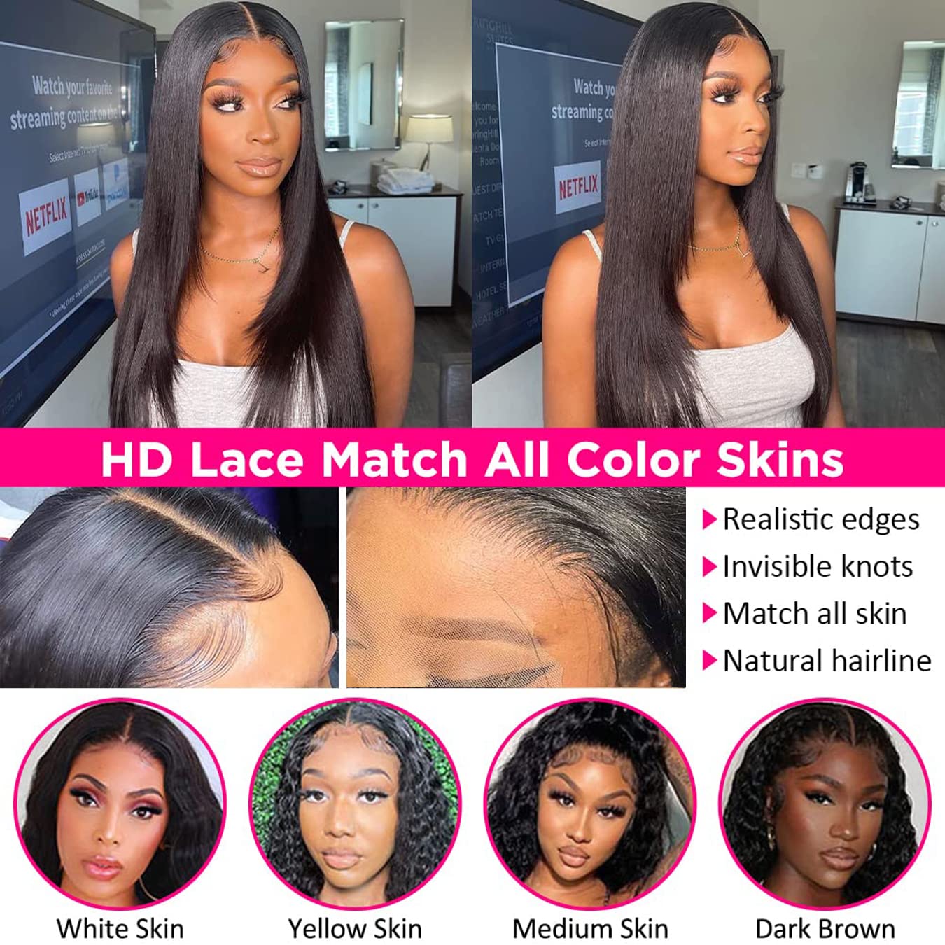 Straight Lace Front Wigs Human Hair 13x4 HD Transparent Lace Frontal Wigs 180% Density Pre Plucked with Baby Hair 24Inch Straight Lace Front Wigs for Black Women Natural Color