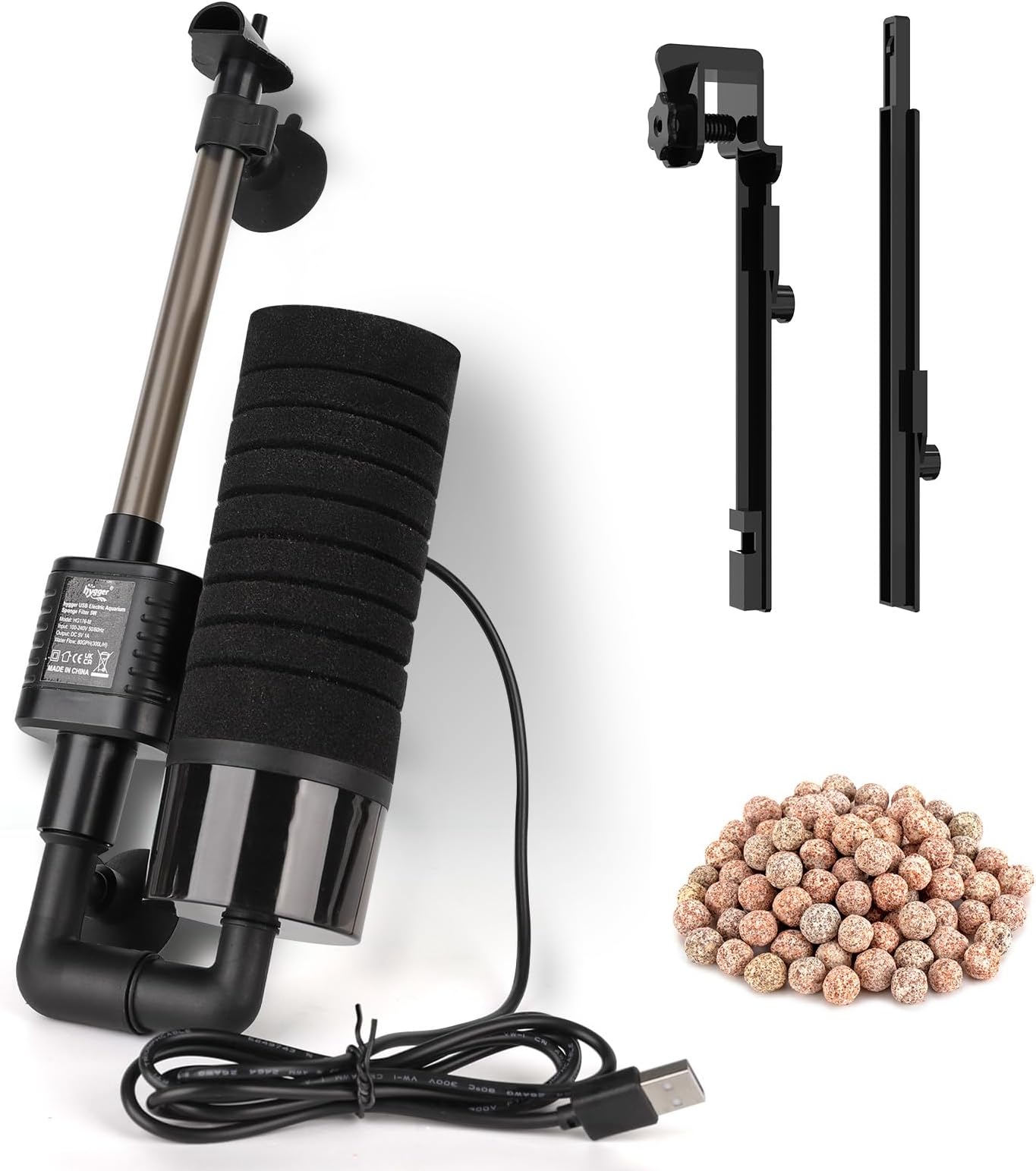hygger USB Single Sponge Filter, Small Aquarium Filter with Adjustable Hanging Clip and Suction Cup, Duckbill Outlet, Rain Pipe Outlet, Extra Spare Sponge
