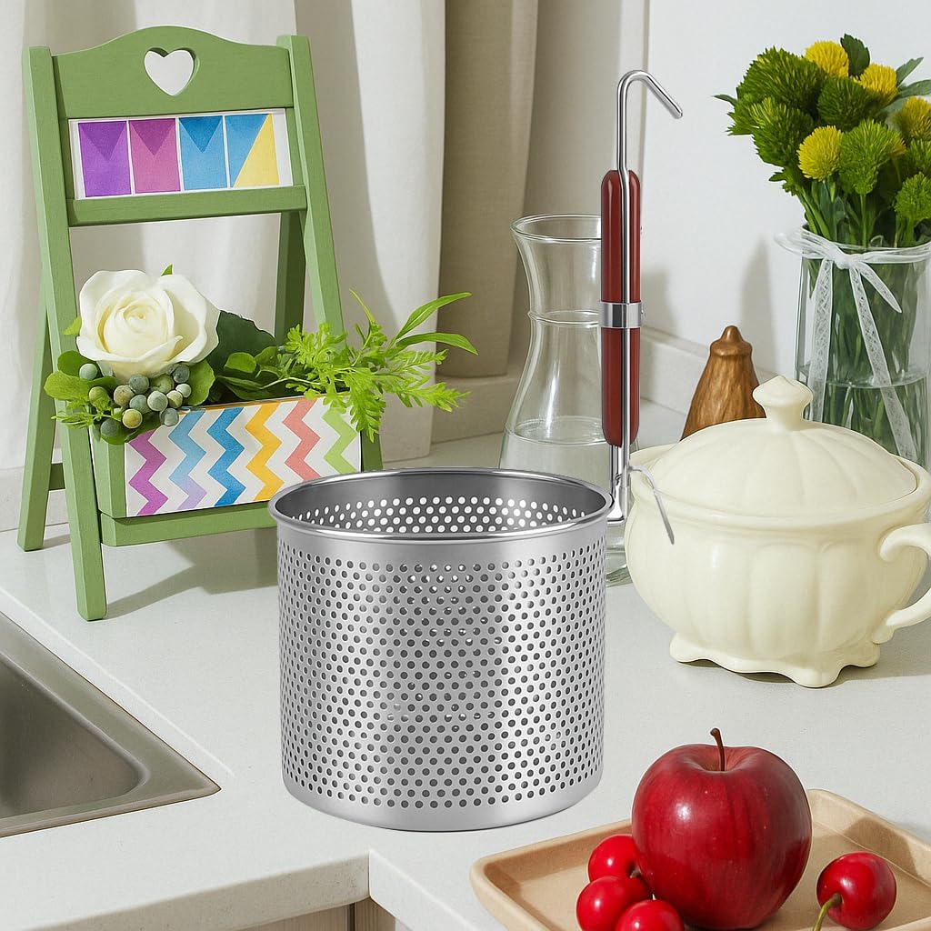 Mesh Pasta Basket Food Strainer Insert For Pot, Colander with Round Wooden Handle Stainless Steel Mesh Spider Strainer for Pasta Noodles Dumpling Vegetable