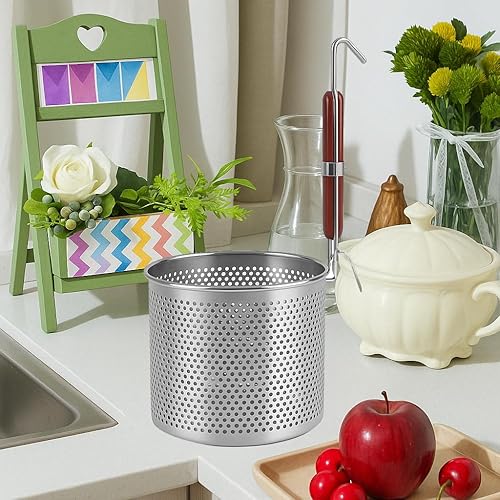 Miniatura 3 de Cesta de malla para pasta, colador de alimentos para olla, colador con mango redondo de madera, malla de acero inoxidable, colador de araña para