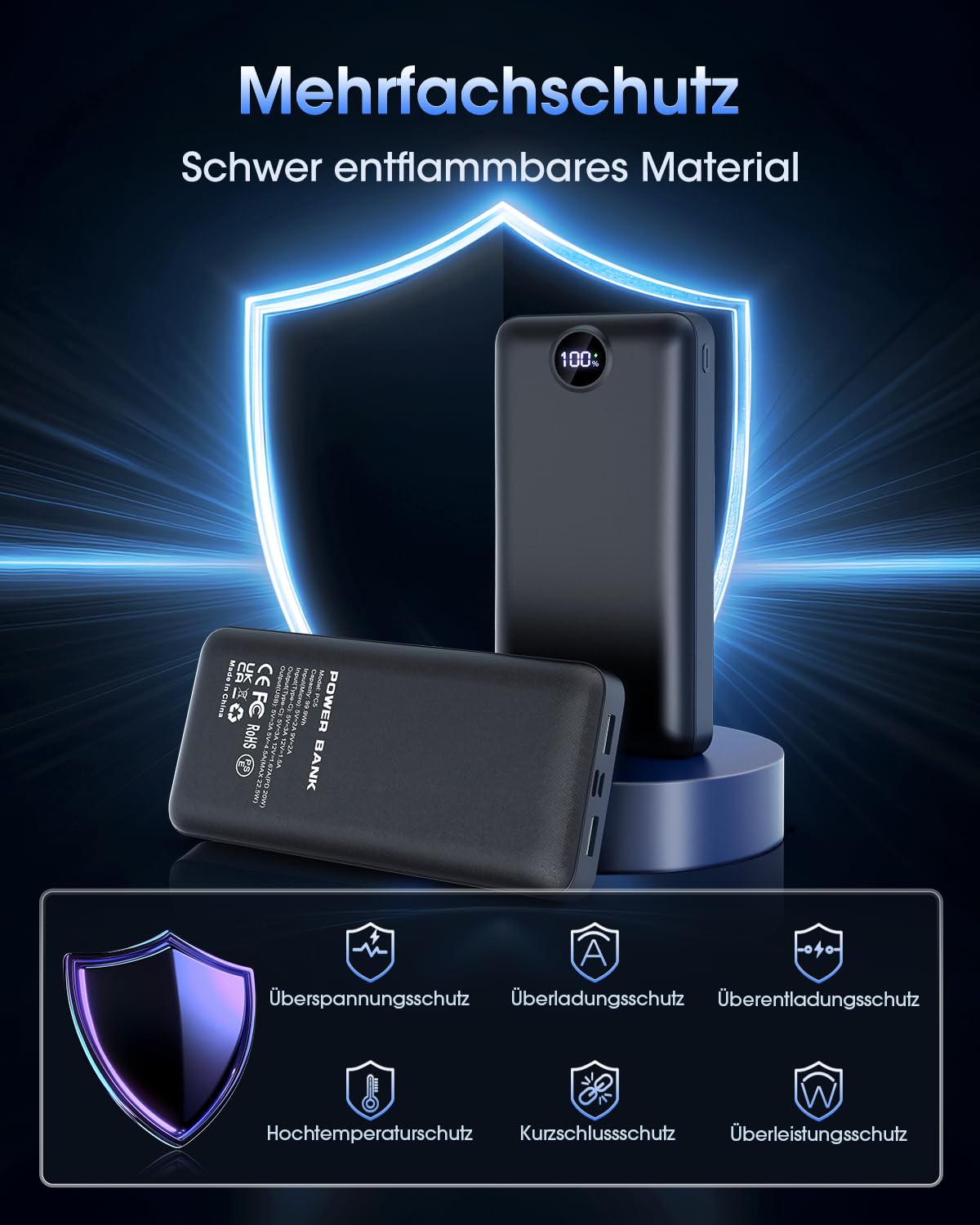 PowerBank 50000mAh große kapazität,3 in 1 Ladekabel 22,5W schnelles Aufladen externer Akku USB-C 3 Ausgänge und 2 Eingänge LED Display Power Bank kompatibel mit iPad iPhone Android usw Black