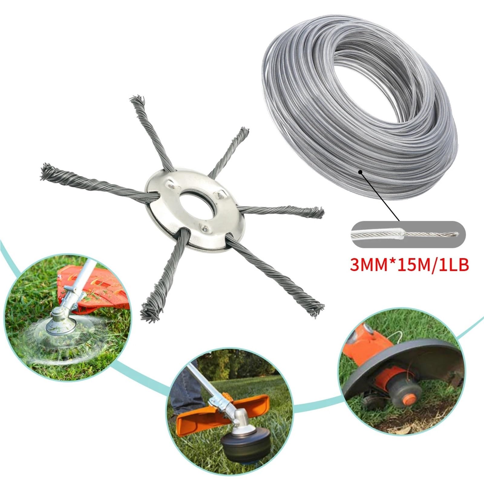 Cabezal de Corte de césped de Alambre de Acero + 3 mm x 15 m/1 LB, Hilo de Nailon for desbrozadora de Gasolina, Repuesto for cortadora de césped(Gray)