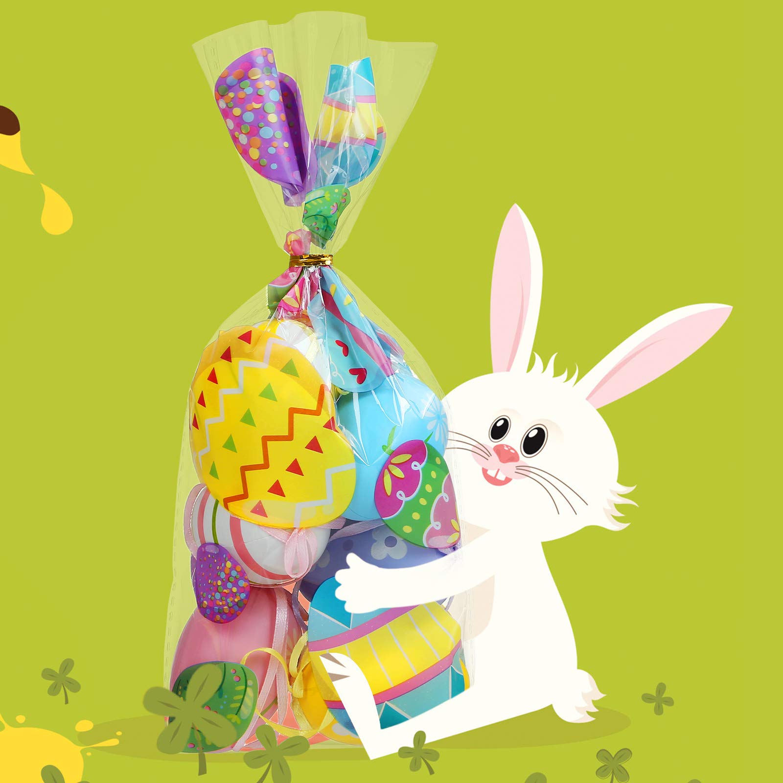 100 Sacchetti Cellophane Pasquali Trasparenti Con 4 Motivi – 12,7x27,9 Cm – Con Fascette Dorate Per Caramelle E Biscotti - 3