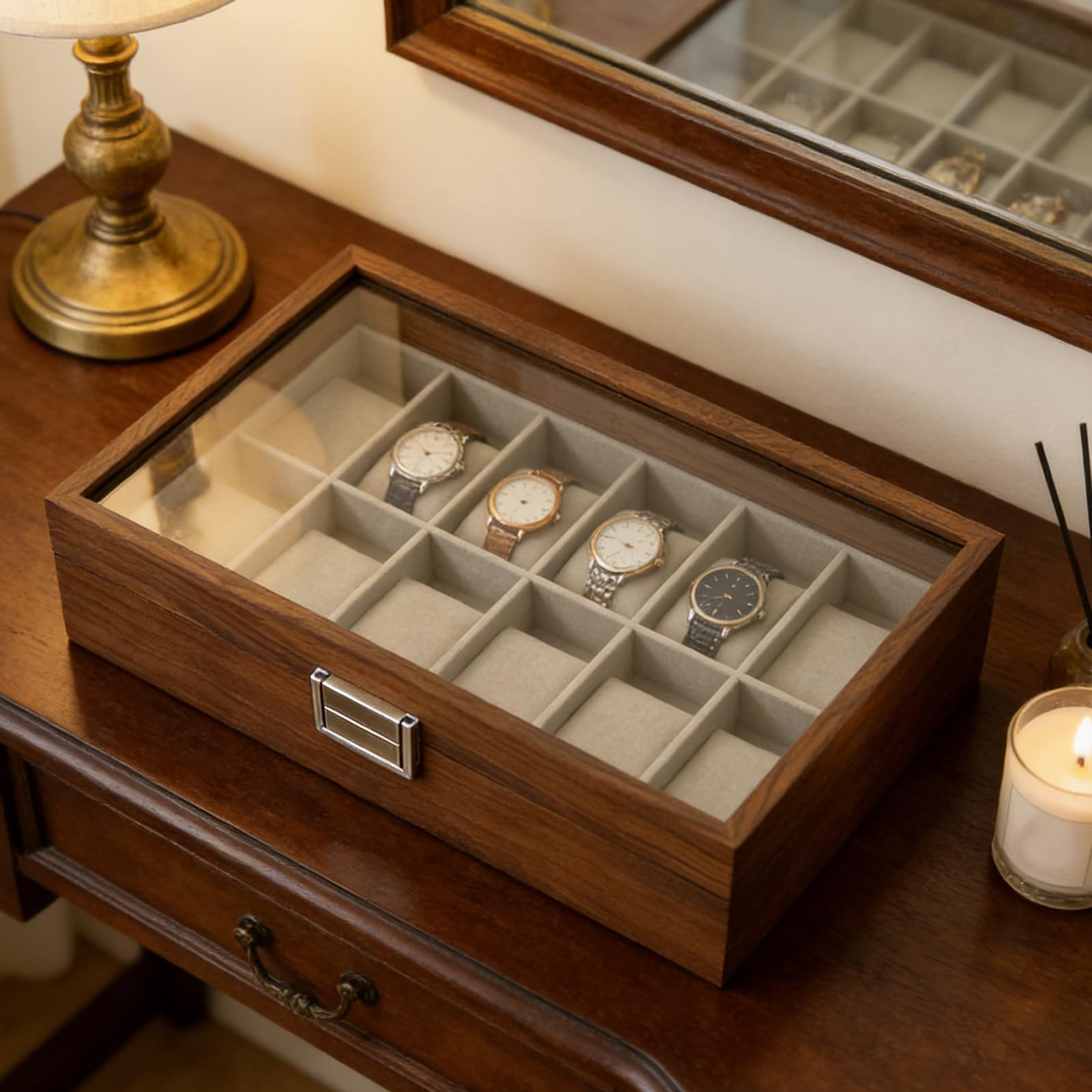 Buachois Watch Box Case, Estuche organizador de relojes de cuero con tapa de vidrio para colección