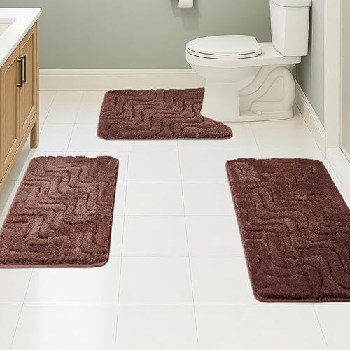 Miniatura 30 de Juego de 3 alfombras de baño suaves y absorbentes, peludas, suaves, antideslizantes, para ducha, bañera, lavable a máquina