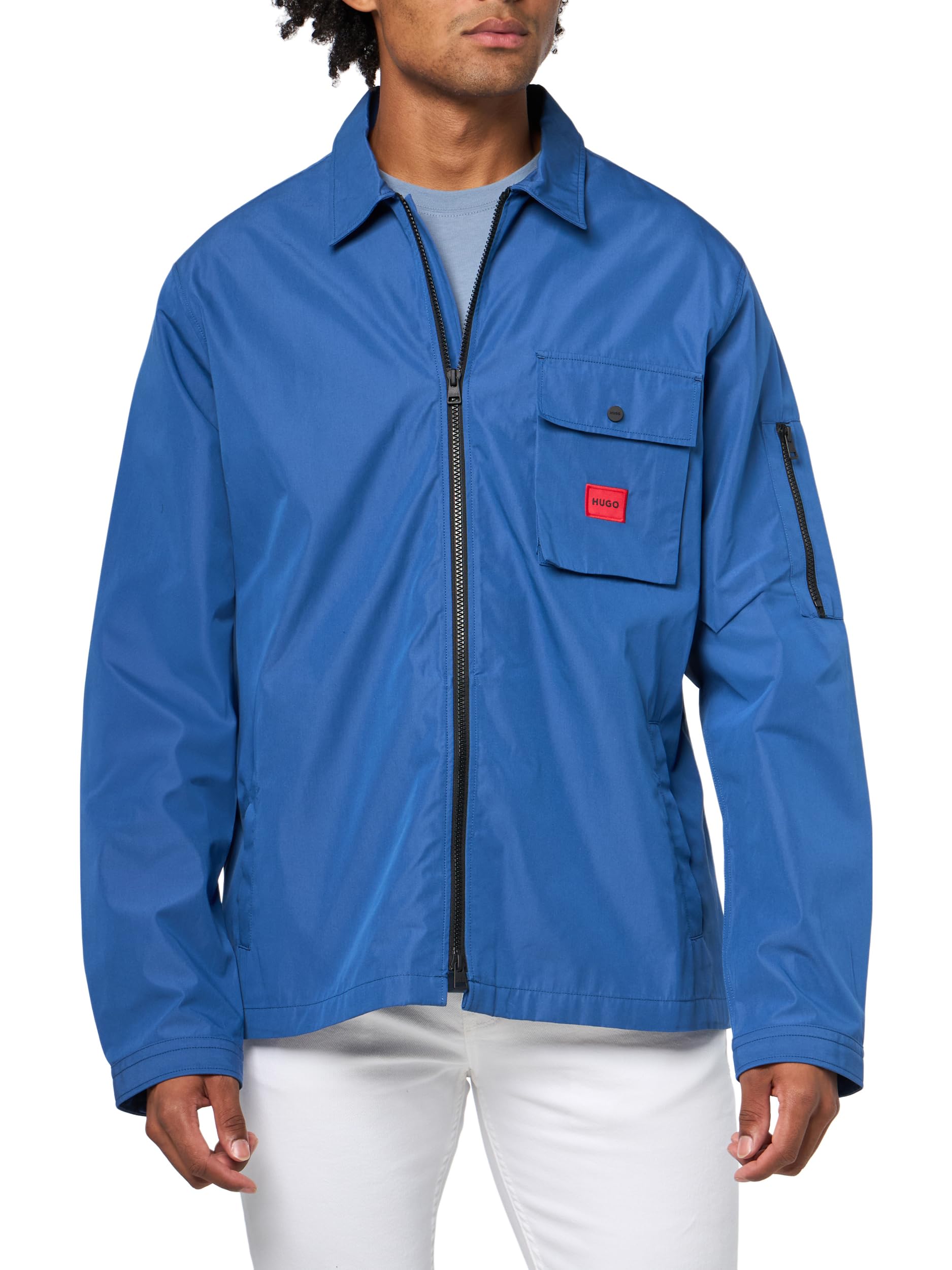 HUGO Men's Cotton Mix Canvas Zip Up Overshirt, Skyline Blue, XL