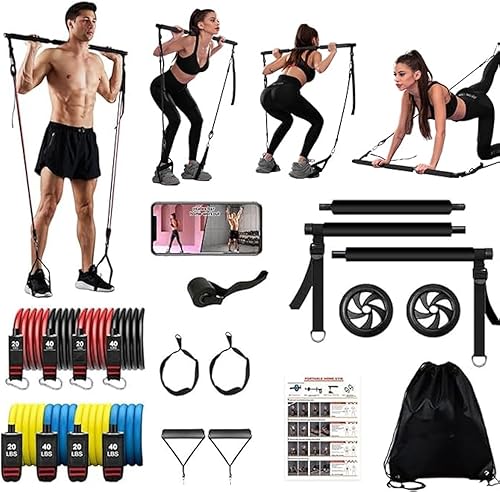 Pilates bar kit Multiple Fitness bar with Resistance Bands, Ab Rollers.Core Strength Training Equipment. Squat Machine for Men and Women.Portable