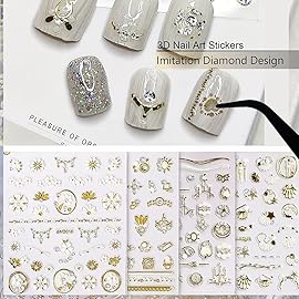 Zoance 20 Sheet 3D Nail Art Stickers,Gold/Diamond Design Luxury Embossed Self-Adhesive Nail Decals Customized Metallic Flower Nail Stickers for Women Girls Salon Home DIY Nail, Tweezers Included