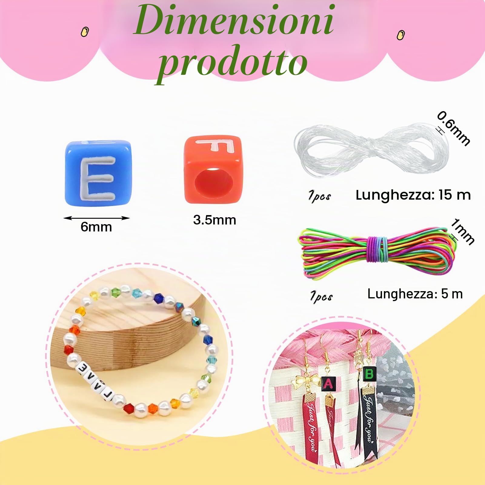 TOAOB 800 Pezzi Perline Lettere per Braccialetti Colorate 6mm Acrilico Cubo Alfabeto Perle Bead e 2 Stili di Filo Elastico per Bigiotteria Gioielli Bracciali Fai da Te Collane Phone Catene Portachiavi