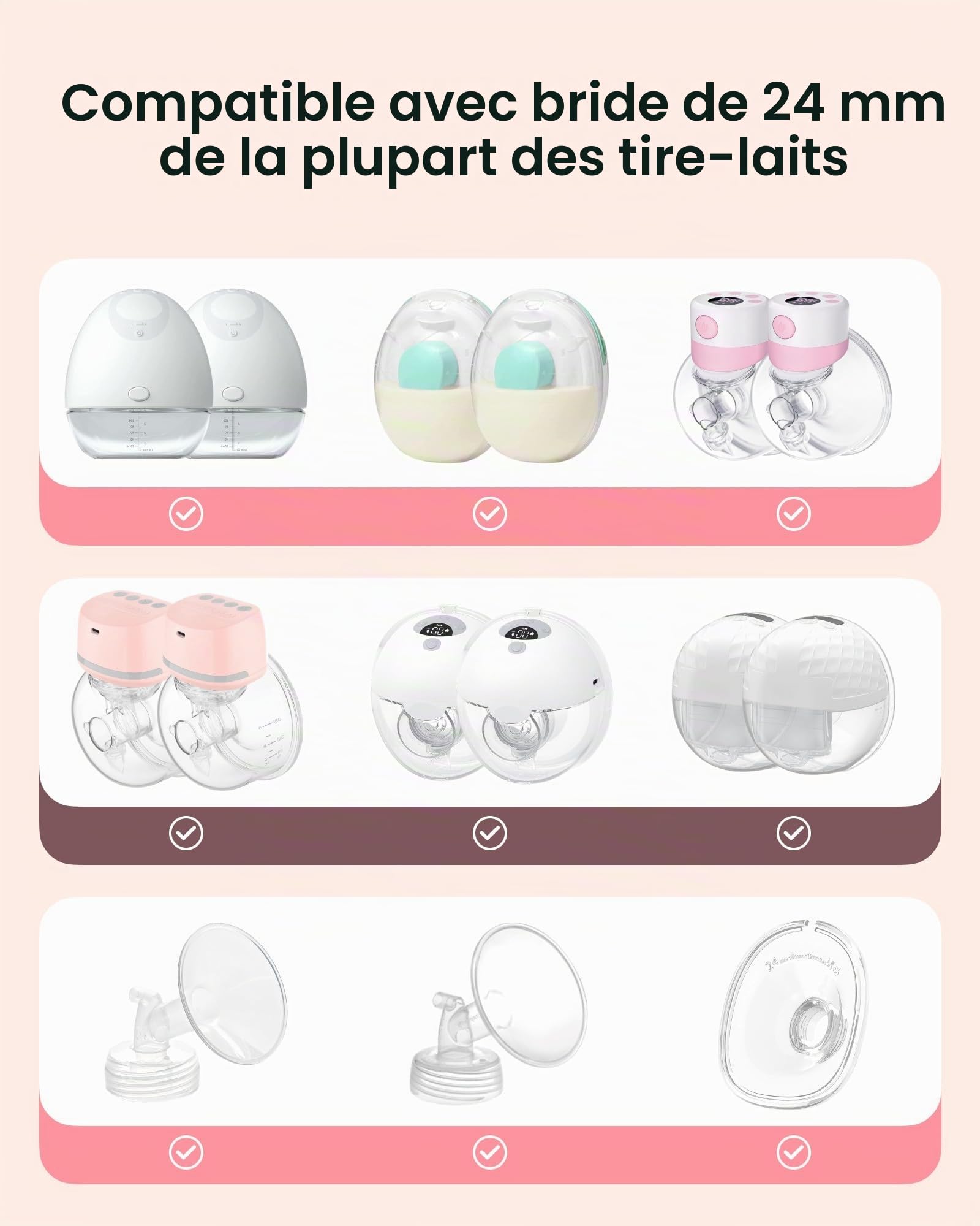 Nuliie Lot de 10 inserts de bride 13/15/17/19/21mm pour bride 24mm bouclier de la plupart des pompes, sans BPA, compatibles avec Momcozy/KISSBOBO/Medela/Philips/Bellababy/Nuliie tire-laits