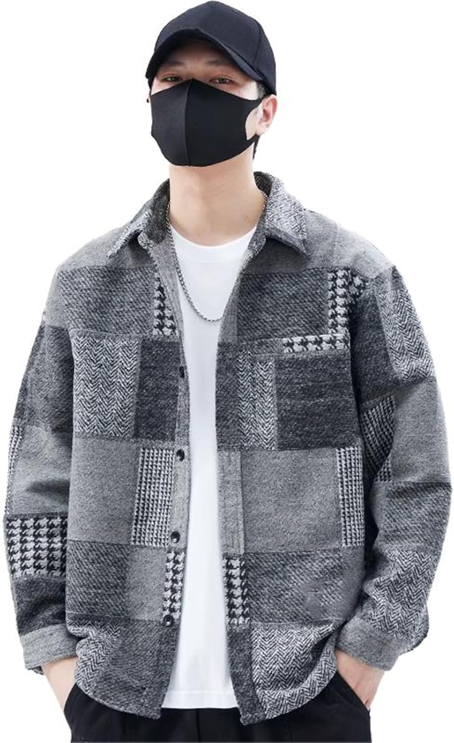 Lapel coat men's spring and fall loose splicing shirt jacket-Grey-Large
