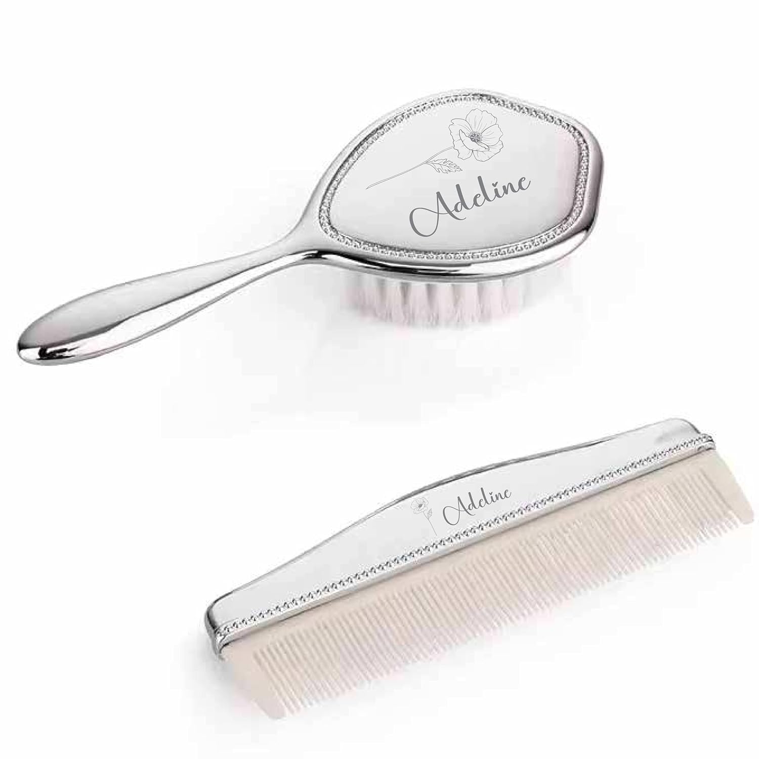 Engraved Silver-Plated Brush & Comb Set – Newborn Grooming Kit, Soft Bristle Hairbrush, Custom Baby Keepsake Gift for Baby Shower, Christening, Baptism.