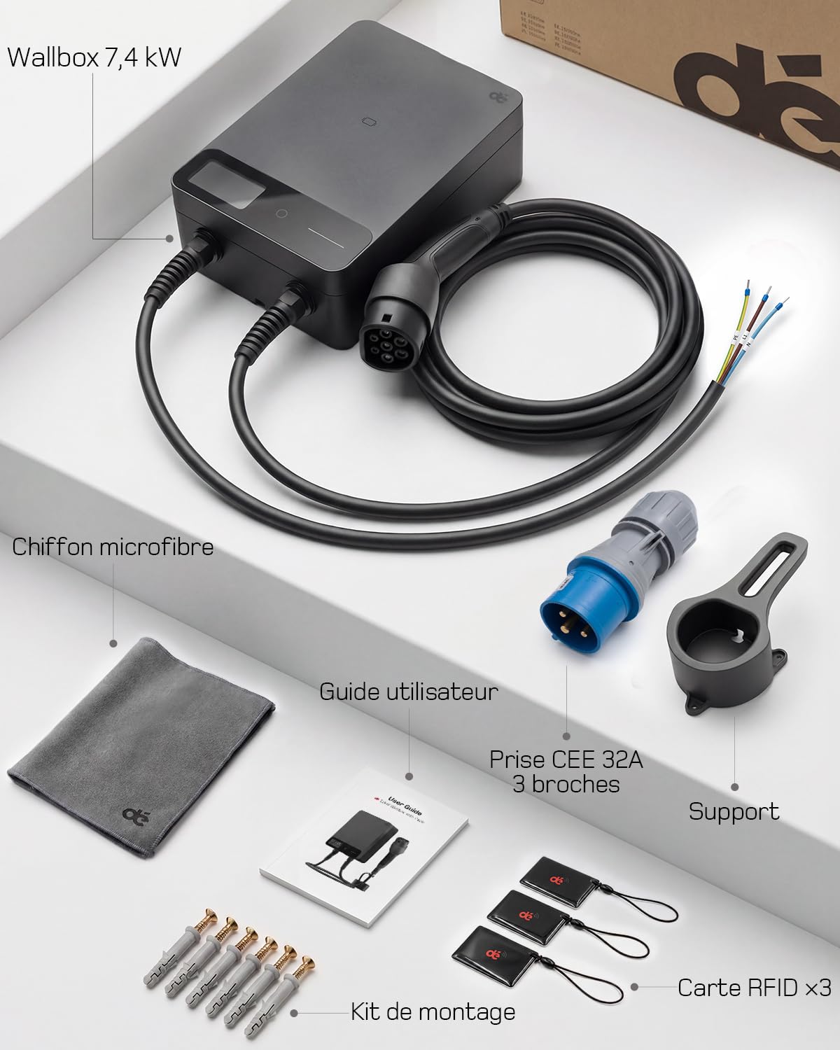 dé Borne de Recharge Véhicules Électrique 7kW avec APP, Câble Type 2 7,5m, RFID, Borne de Recharge 6-32A 230V, Wallbox 7kW avec RCD Type A 30mA AC + 6mA DC, IP54, pour E-208 & Autres BEV/PHEV, Noir