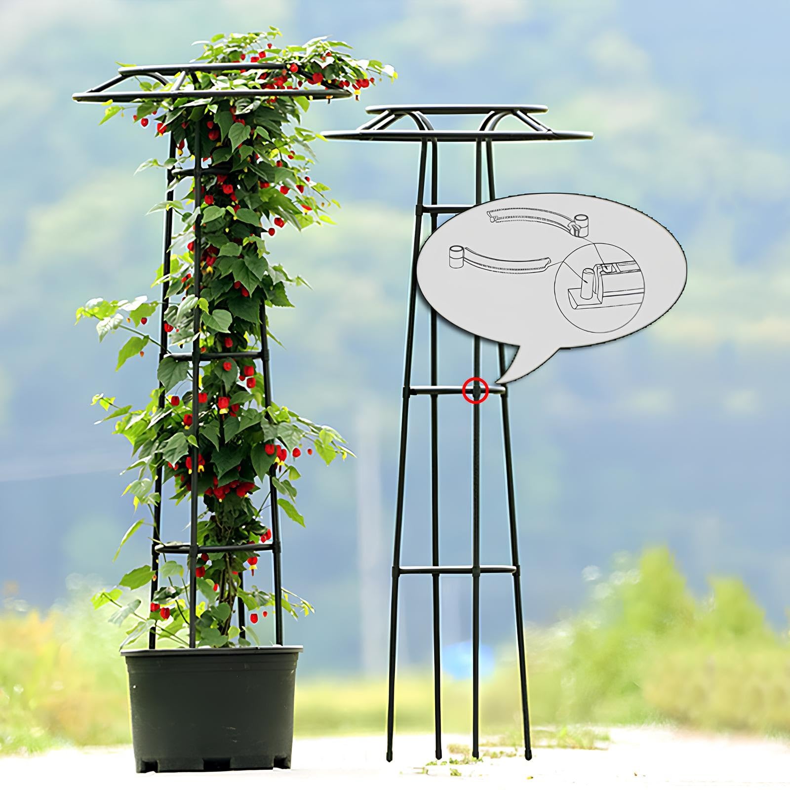 105cm 145cm 185cm 225cm Metall Obelisk Rankhilfe Garten, Abnehmbar Pflanzenstütze Rankobelisk für Rosen Blumen und Tomaten Kletterpflanzen(Black,225cm/7.4ft)
