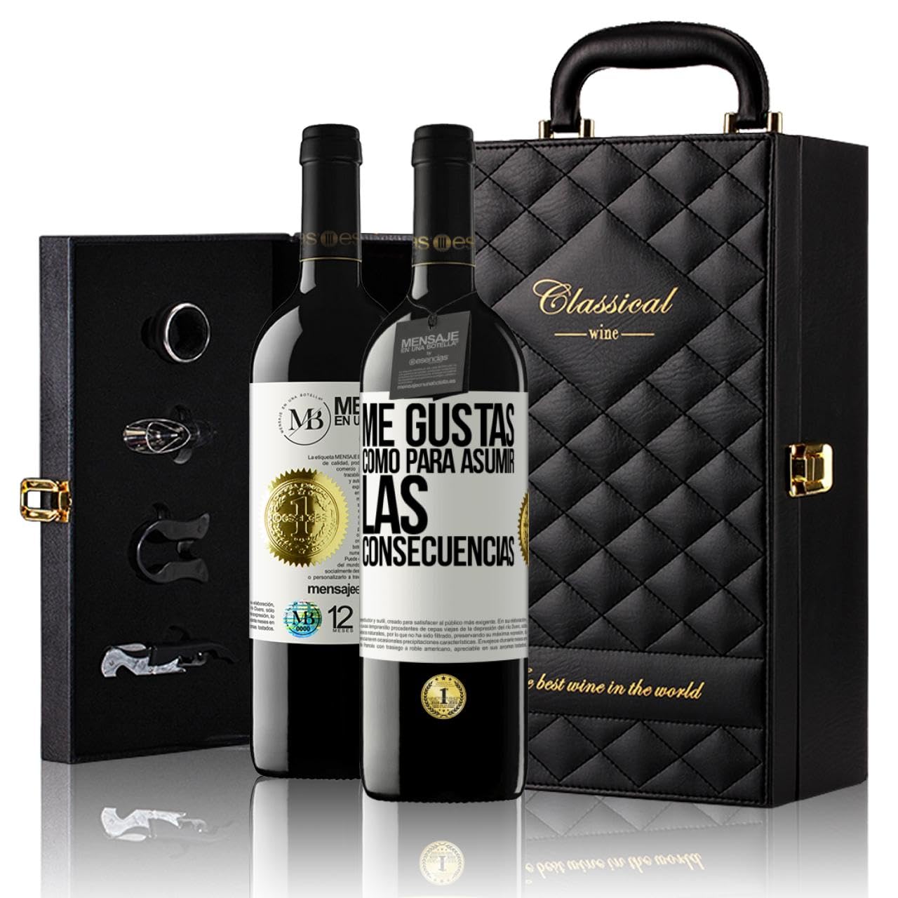 «Me gustas como para asumir las consecuencias» Mensaje en una Botella. Estuche-Maletín de LUJO 2x Vino Tinto Premium Reserva 12 Meses y Set de 4 Accesorios. Etiqueta Blanca PERSONALIZABLE