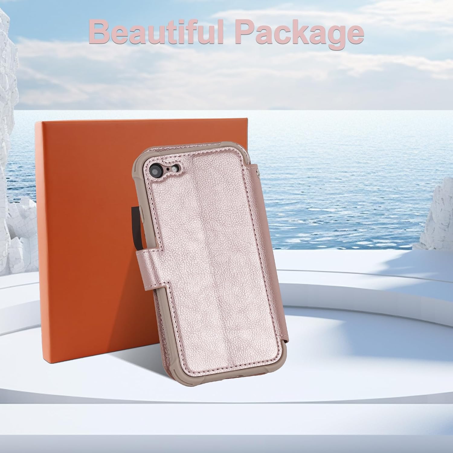 VANAVAGY Compatible for iPhone SE2/SE3/8/7 Wallet Case, PU Leather Flip Phone Cover with Wrist Strap for Wireless Charging with RFID Blocking Card Holder and Screen Protector, Rose Gold