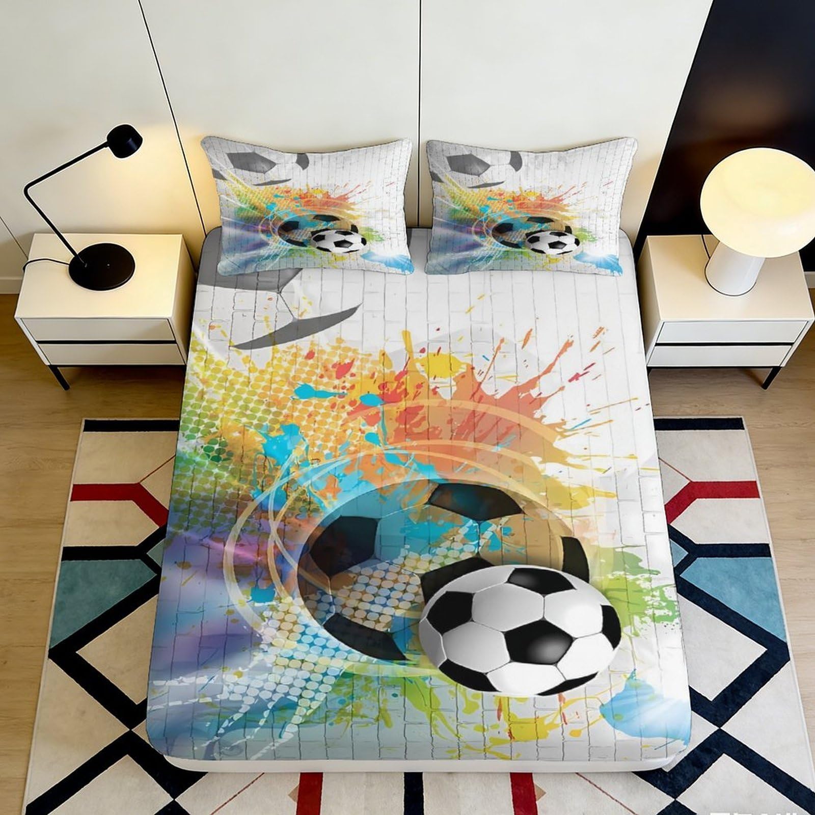 3D Printed Soccer Splash Fitted Sheet Microfiber Soft Colourful Graffiti Football Bed Cover for Bedroom Guest Room 90x200x25cm