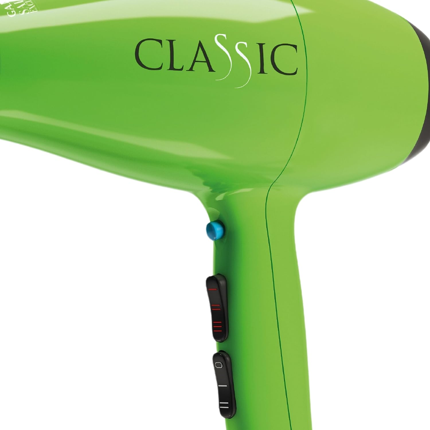 Close-up of the control switches on the handle of the green GaMa Italy Professional Classic A11 Hair Dryer.