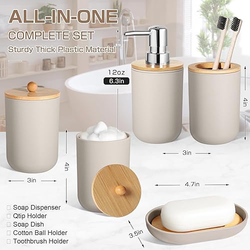 Miniatura 9 de ALPIRIRAL Juego de accesorios de baño de bambú, 5 piezas, juegos de accesorios de baño bohemios completos, dispensador de jabón de baño transparente