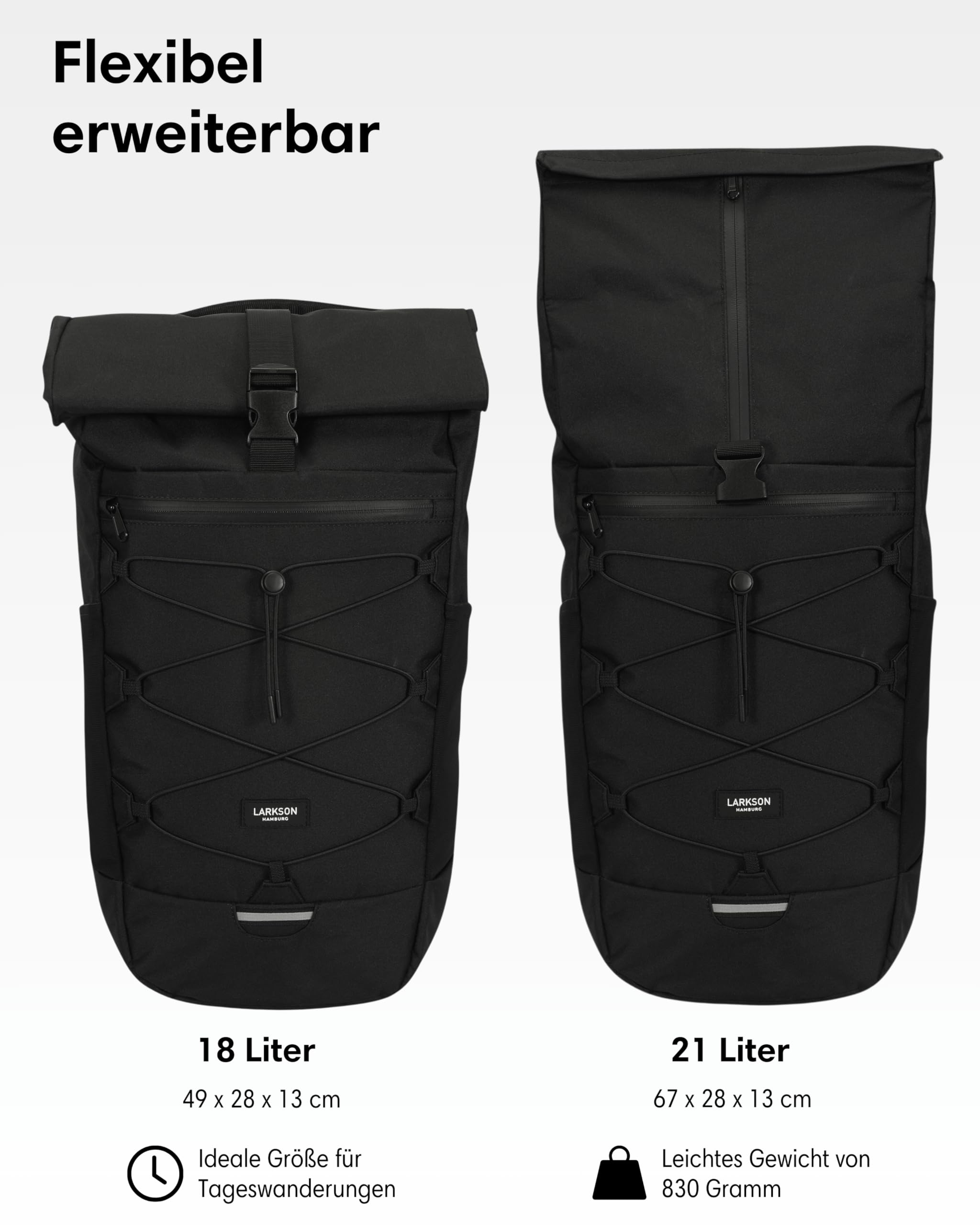 LARKSON Wanderrucksack Damen & Herren Schwarz - Arvid - Trekkingrucksack 20L - Wandern, Trekking, Reisen - Tagesrucksack mit Hüftgurt & Mesh-Polsterung - Wasserdichte Reißverschlüsse