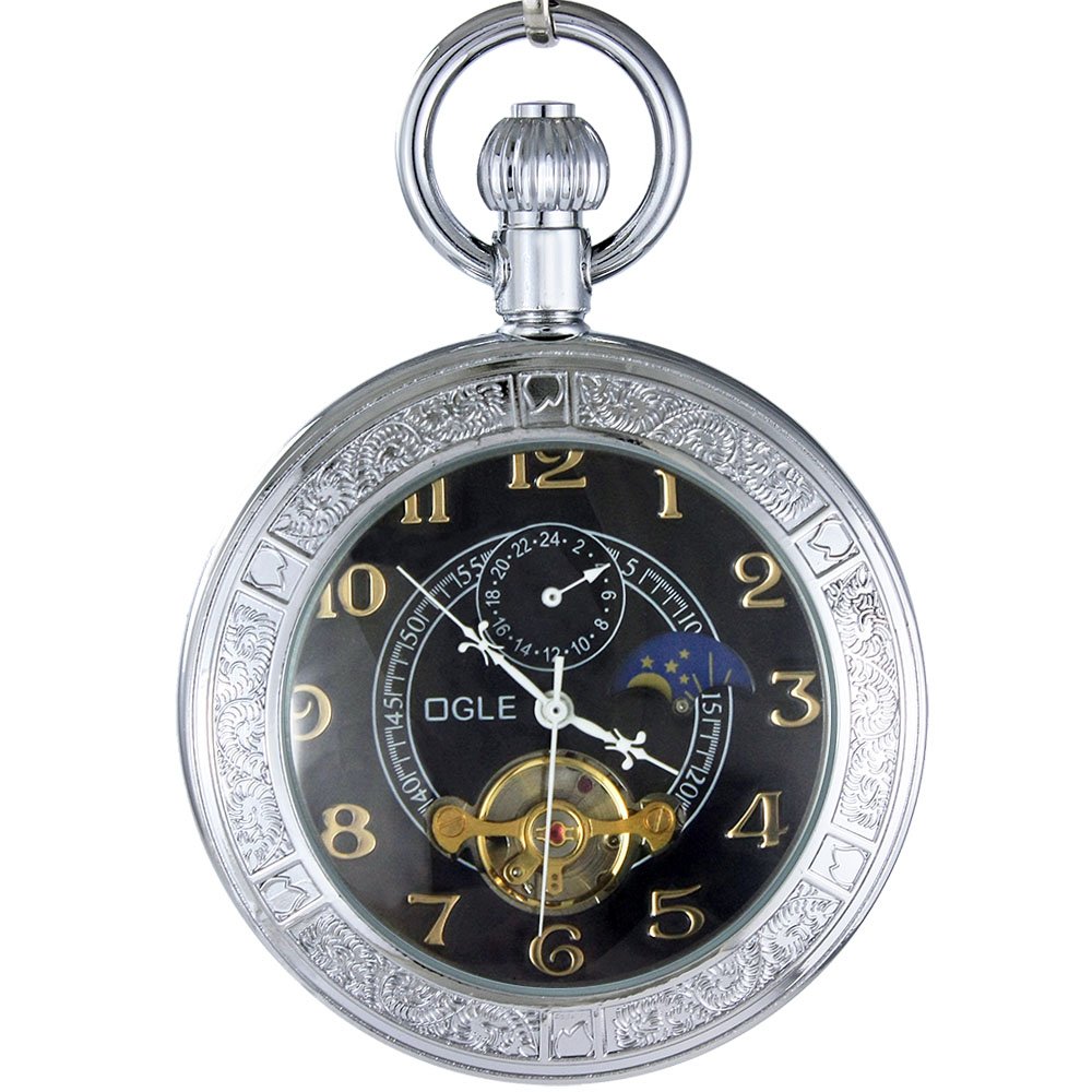 OGLE Waterproof Luminous Magnifier Tourbillon Moon Sun Chain Fob Self Wind Automatic Mechanical Pocket Watch