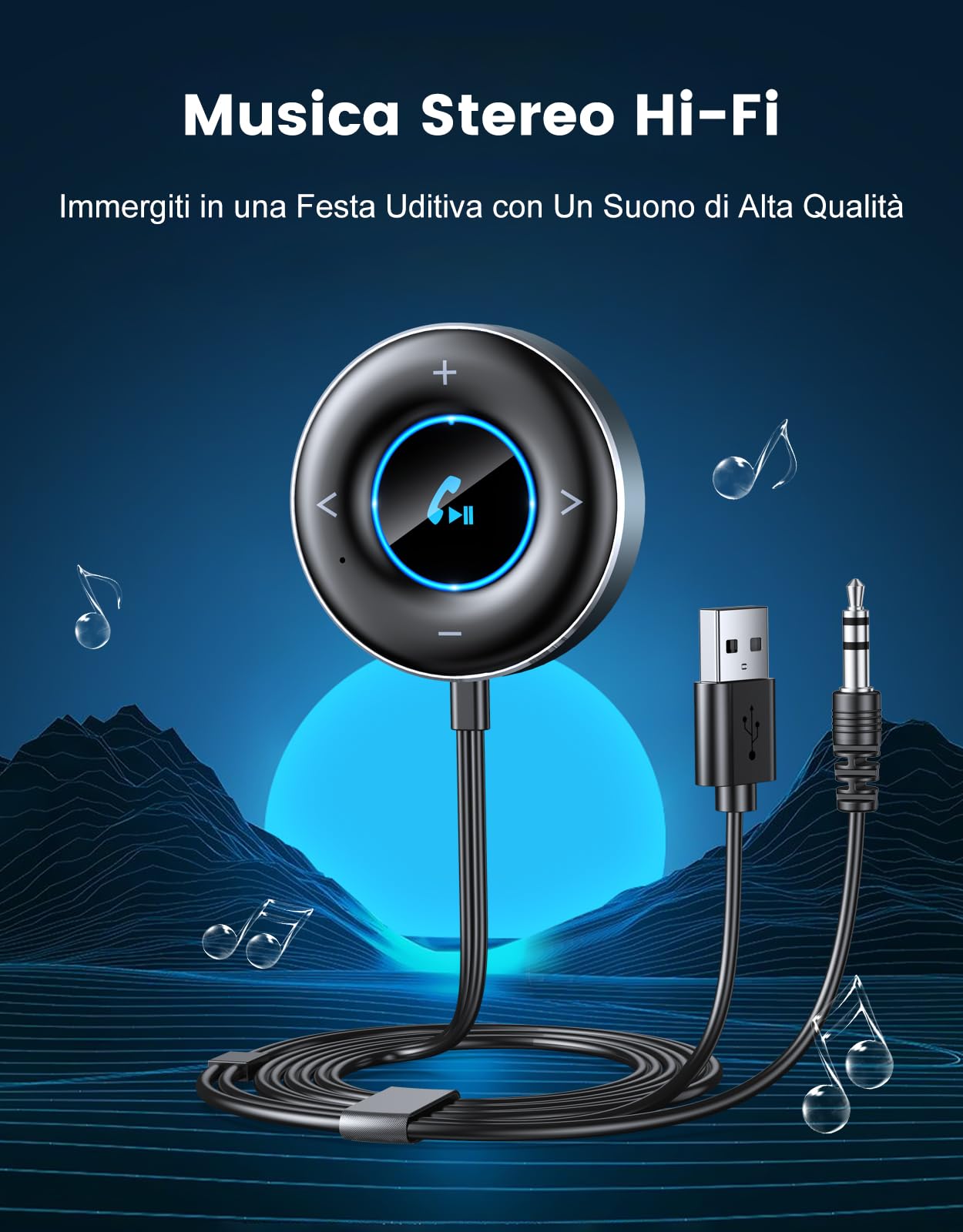 Ricevitore Bluetooth 5.3, [Plug and Play] Bluetooth Auto con Jack AUX da 3,5 mm, Supporta Chiamate in Vivavoce, Doppia Connessione, Musica Hi-Fi, Adatto per Stereo/Altoparlanti/Cuffie Cablate