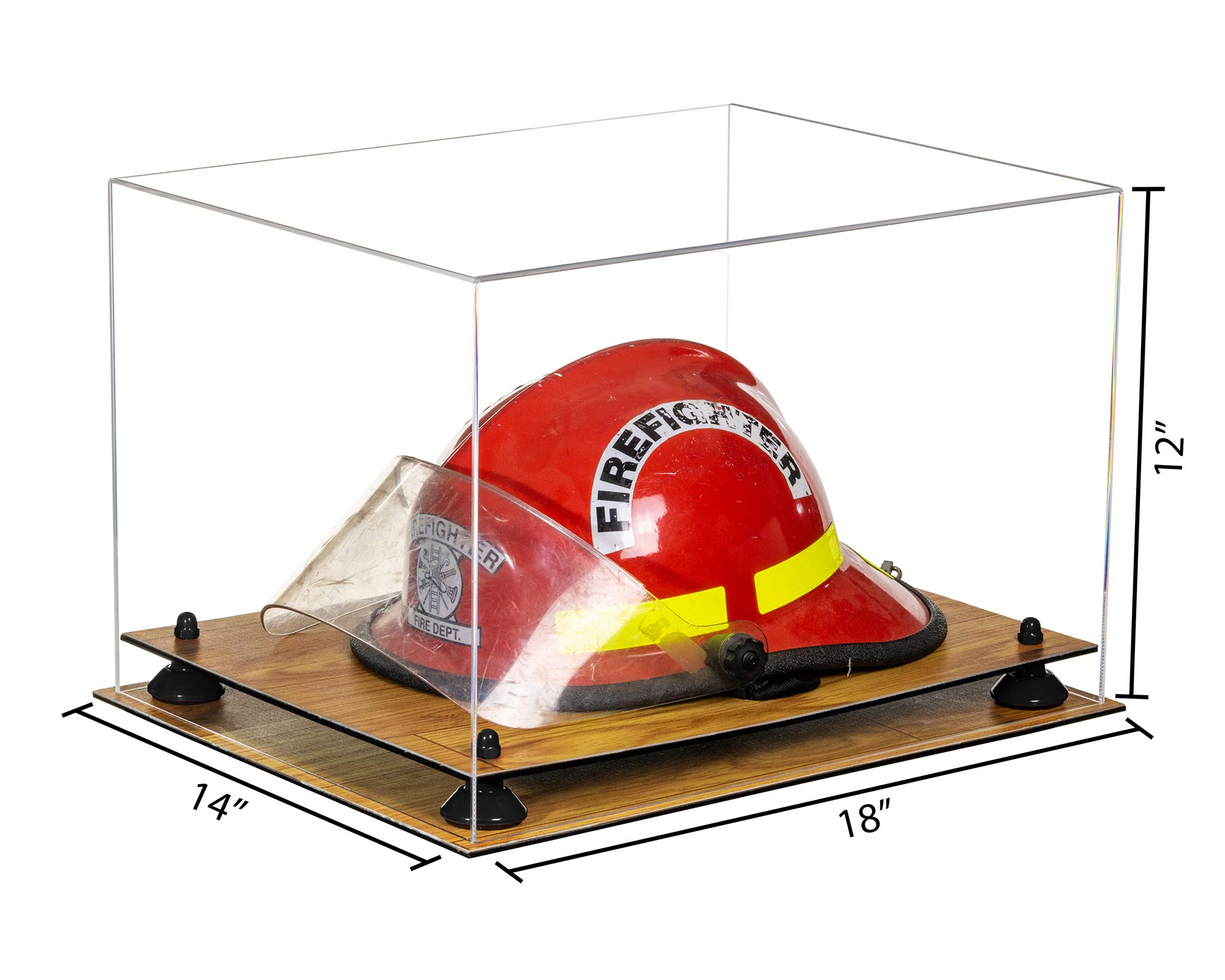 Better Display Cases Acrylic Fireman's Helmet Display Case - Large Rectangle Box with Clear Case, Black Risers and Wood Base 18