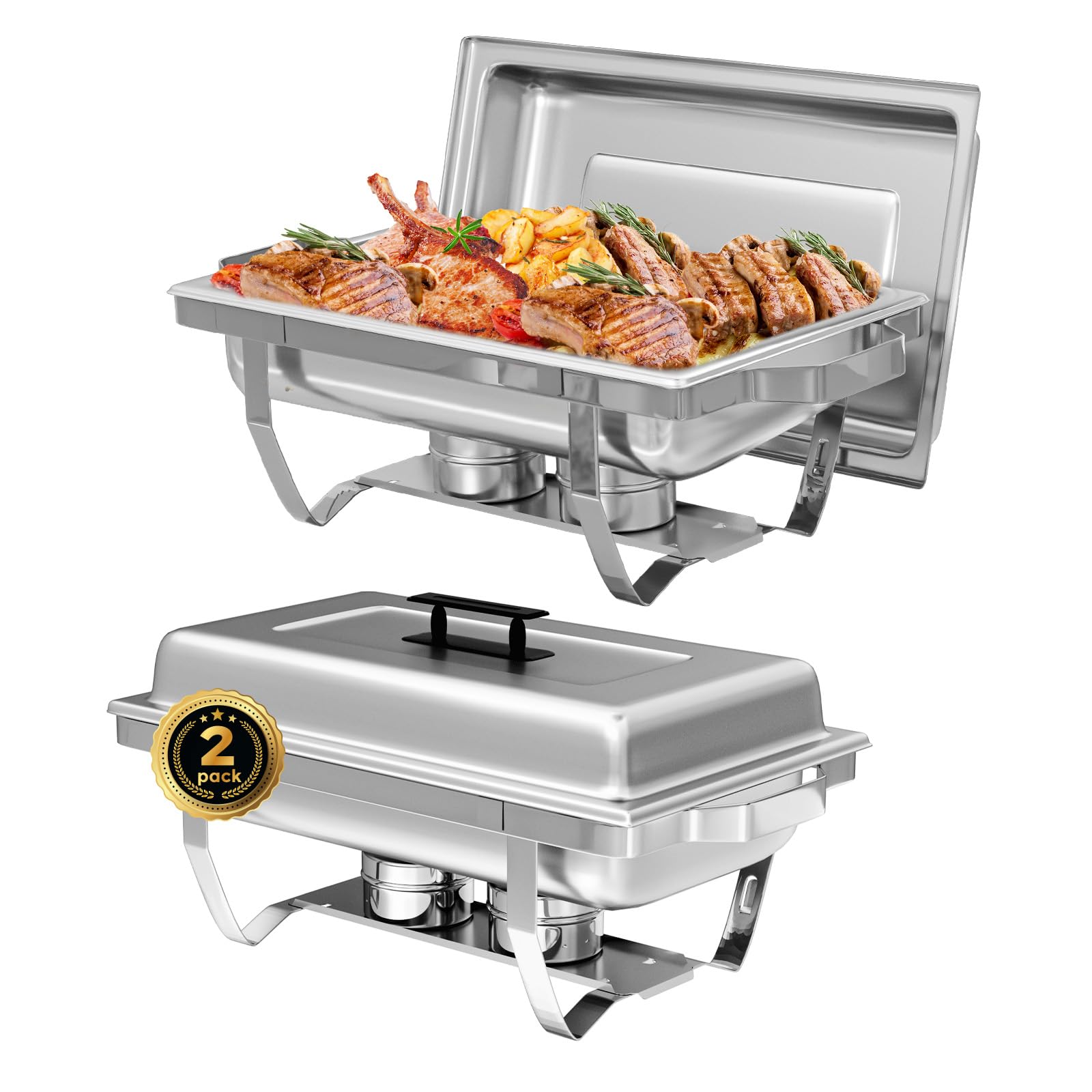 IMACONE Chafing Dish Buffet Set of 2, 8QT Stainless Steel Rectangular Chafers and Buffet Warmer Sets for Catering, with Food & Water Pan, Lid, Foldable Frame, Fuel Holder for Event Party Holiday