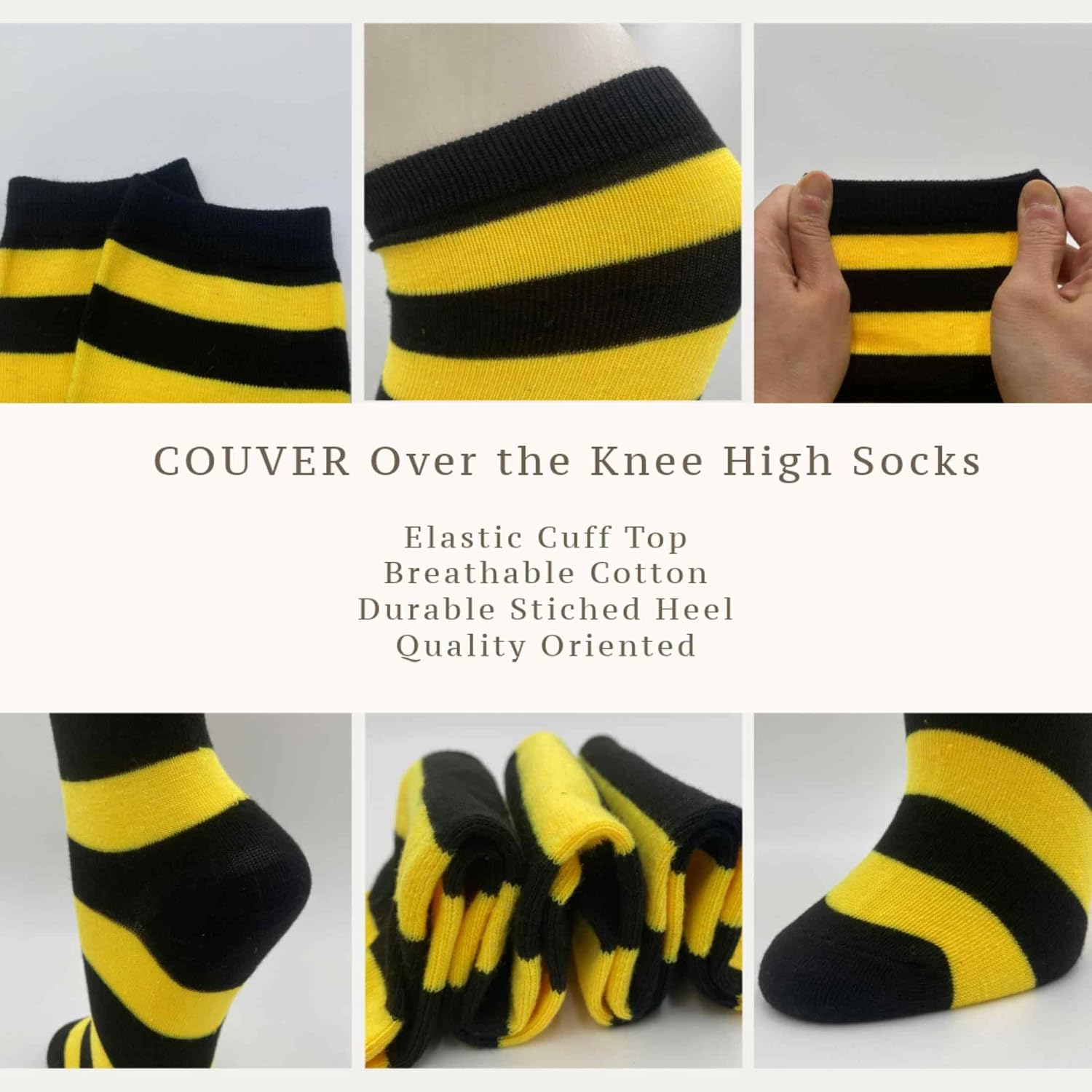 COUVER Women Cotton Striped Thigh High Socks