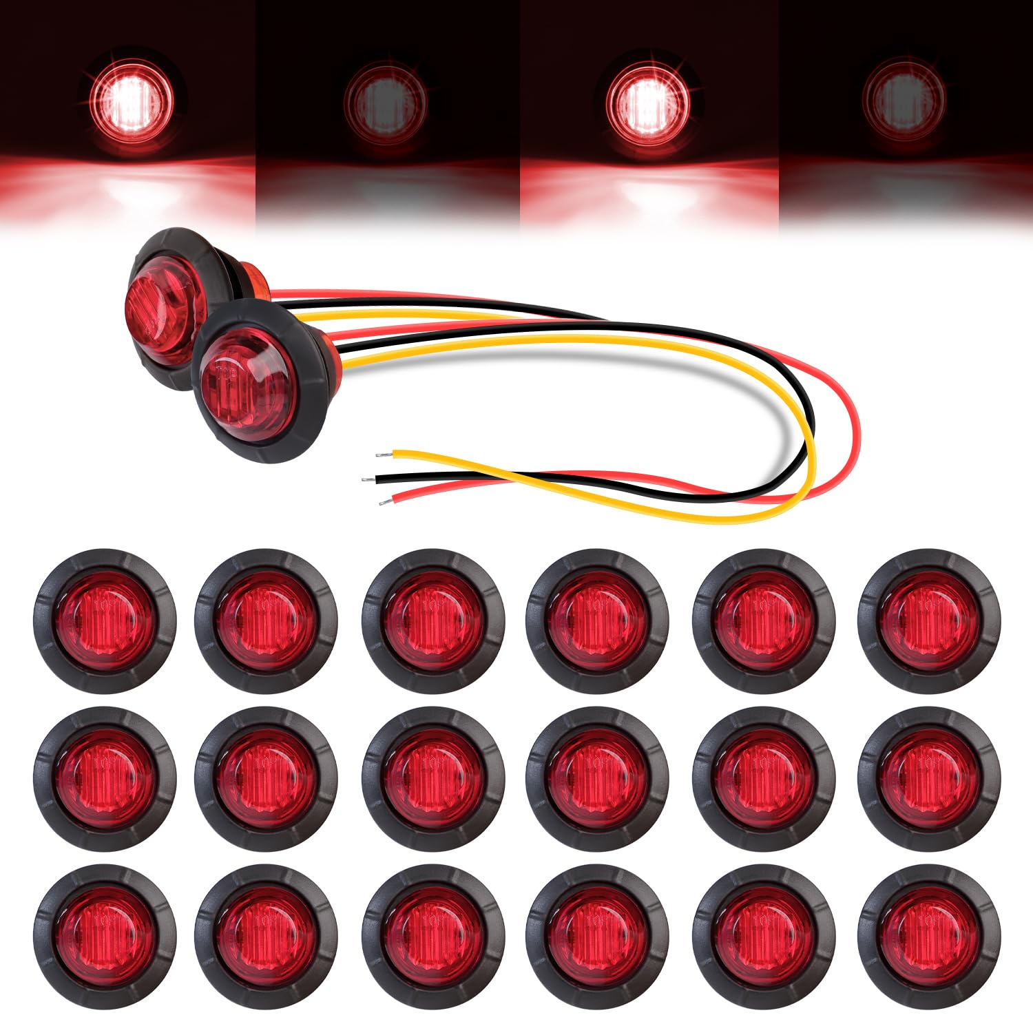 TMH 20 Pcs Strobe + Marker Lights 3/4 Inch Red LED Mini Round Bullet Light, Dual Function Steady & Flash 12V DC Flush Mount with Grommet for Truck,