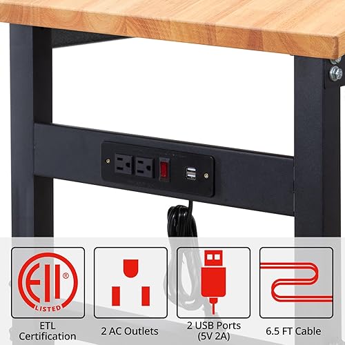 Miniatura 2 de Banco de trabajo, banco de trabajo de altura ajustable, mesa de trabajo de madera de roble resistente con tomas de corriente para garaje, taller,
