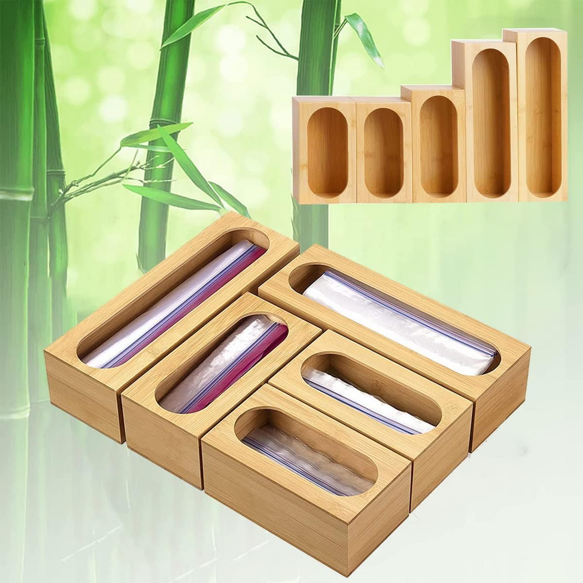 5 Pack Bamboo Storage Bag Organizer Food Storage Bag Organizer Holders Kitchen Drawer Dispenser