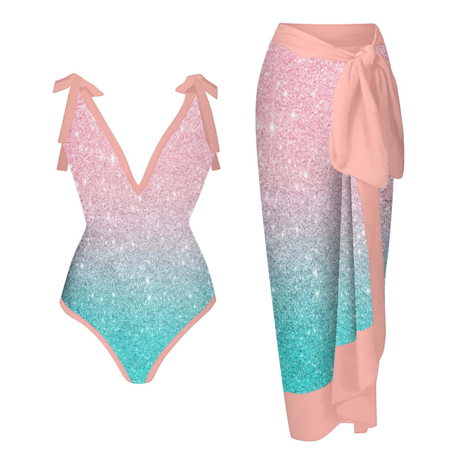 Sexy Sparkly One Piece Swimsuit with Beach Coverups Cute Printed Push Up Bikini Set Two Piece Wrap Skirt Bathing Suit