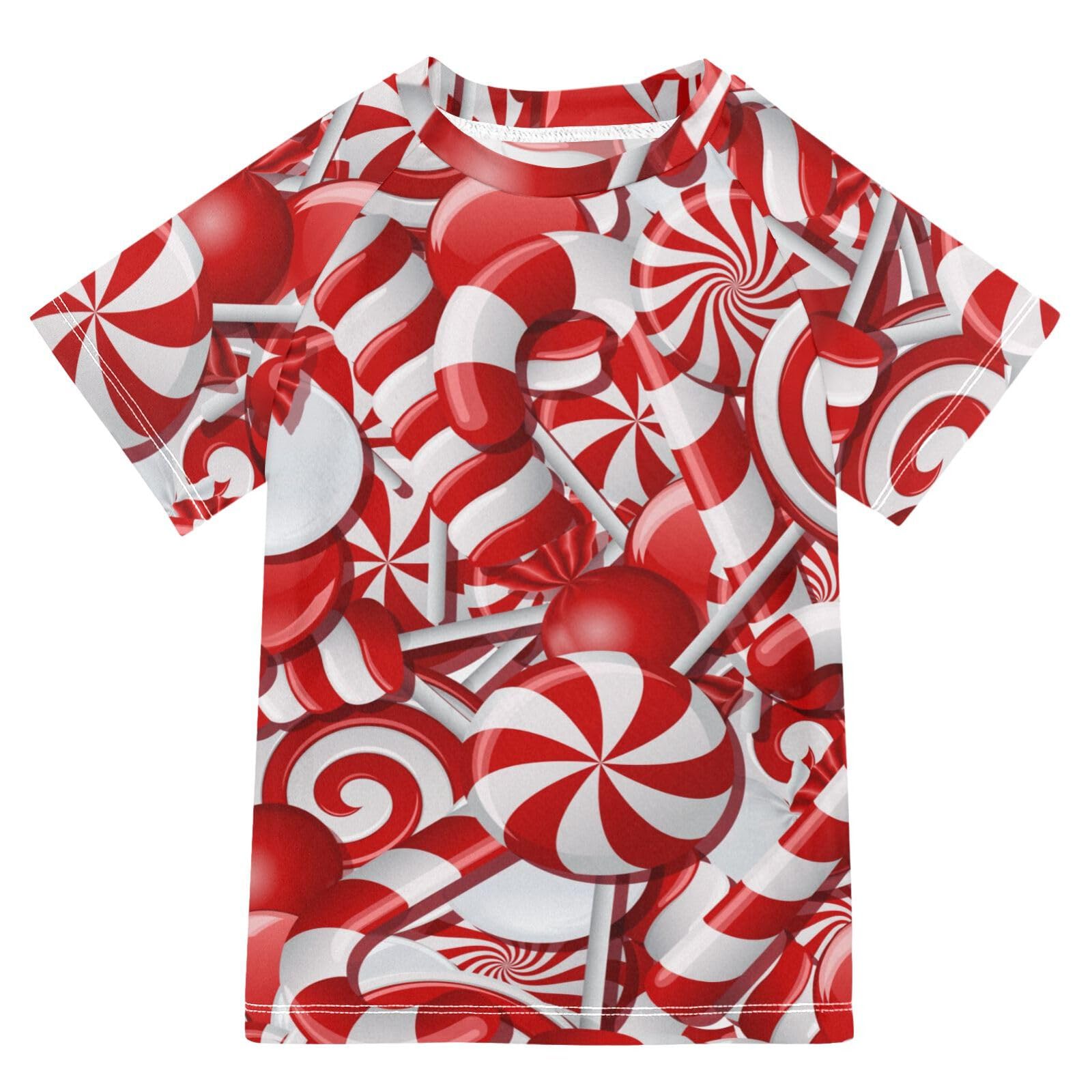 Aflyko Christmas Boys' Swim Shirt Xmas Candy Rash Guard Beachwear Sun Protection Fishing Hiking Camping Surfing Swimming Toddler Infant Summer Daily T-Shirt, 4T Multicoloured